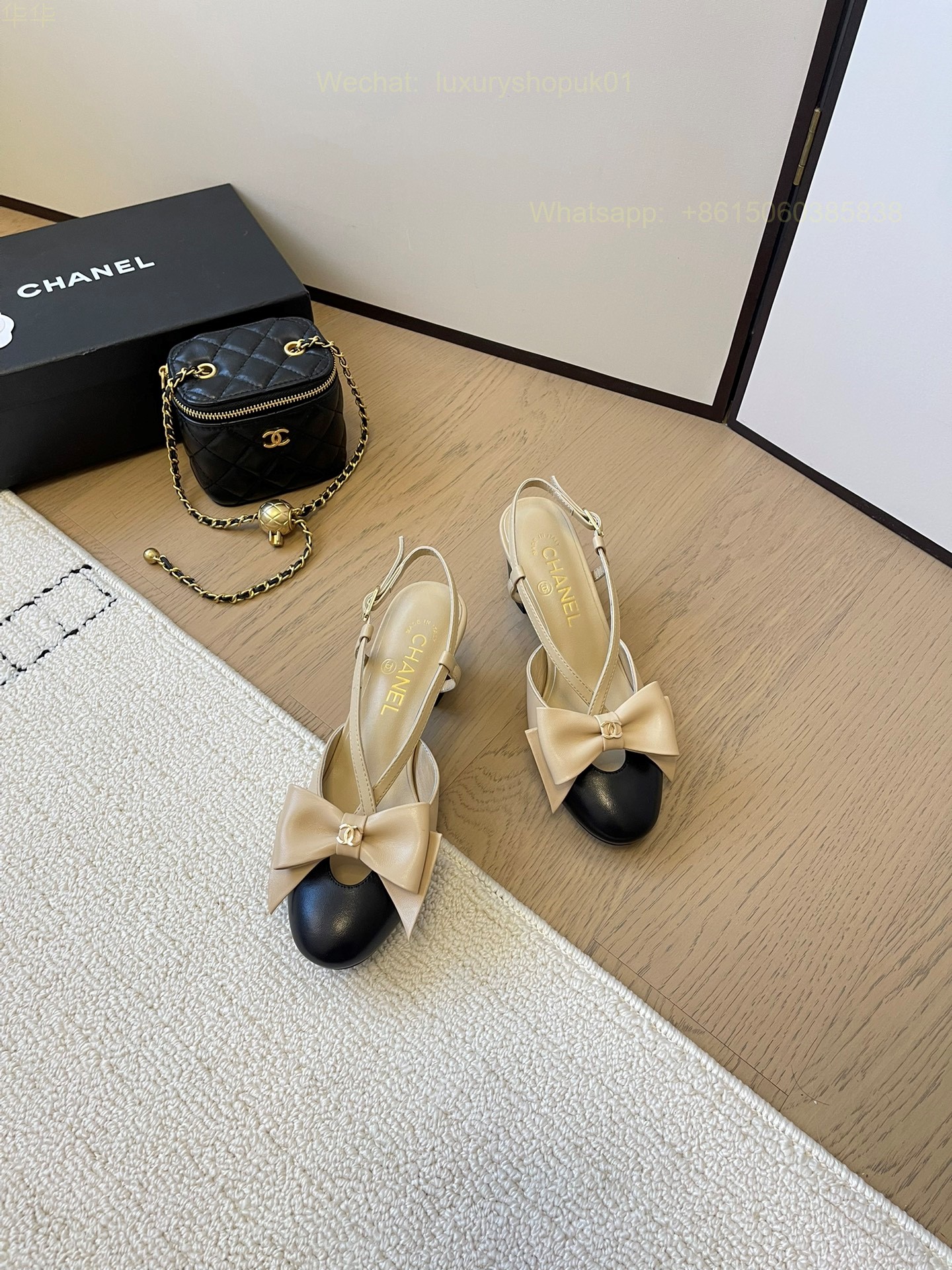 Chanel Two Tone Bow Slingback Heels Round Cap Toe CC Logo Women Shoes