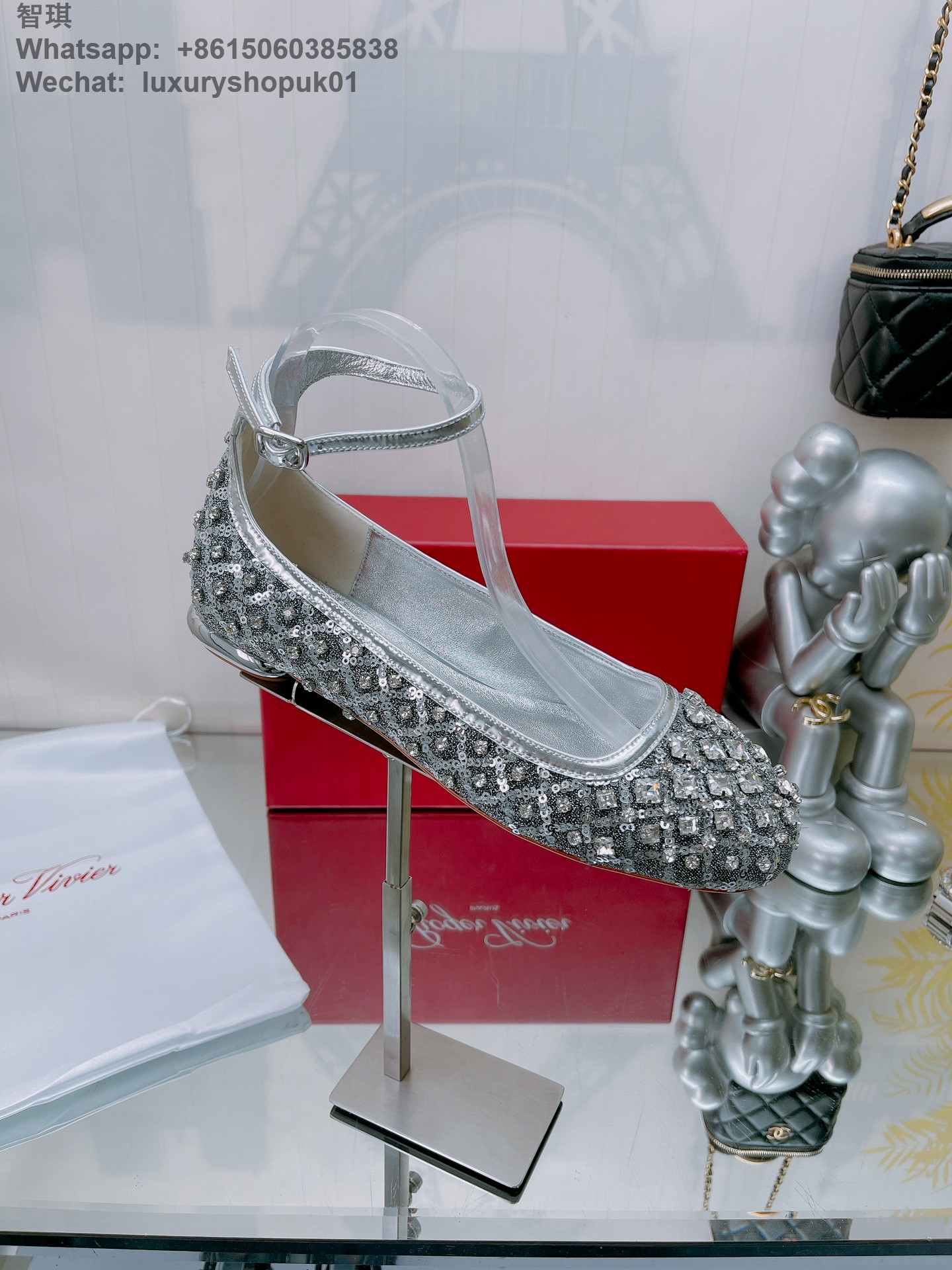 Women Roger Vivier sequin crystal buckle Ankle strap Ballet Flats Shoes