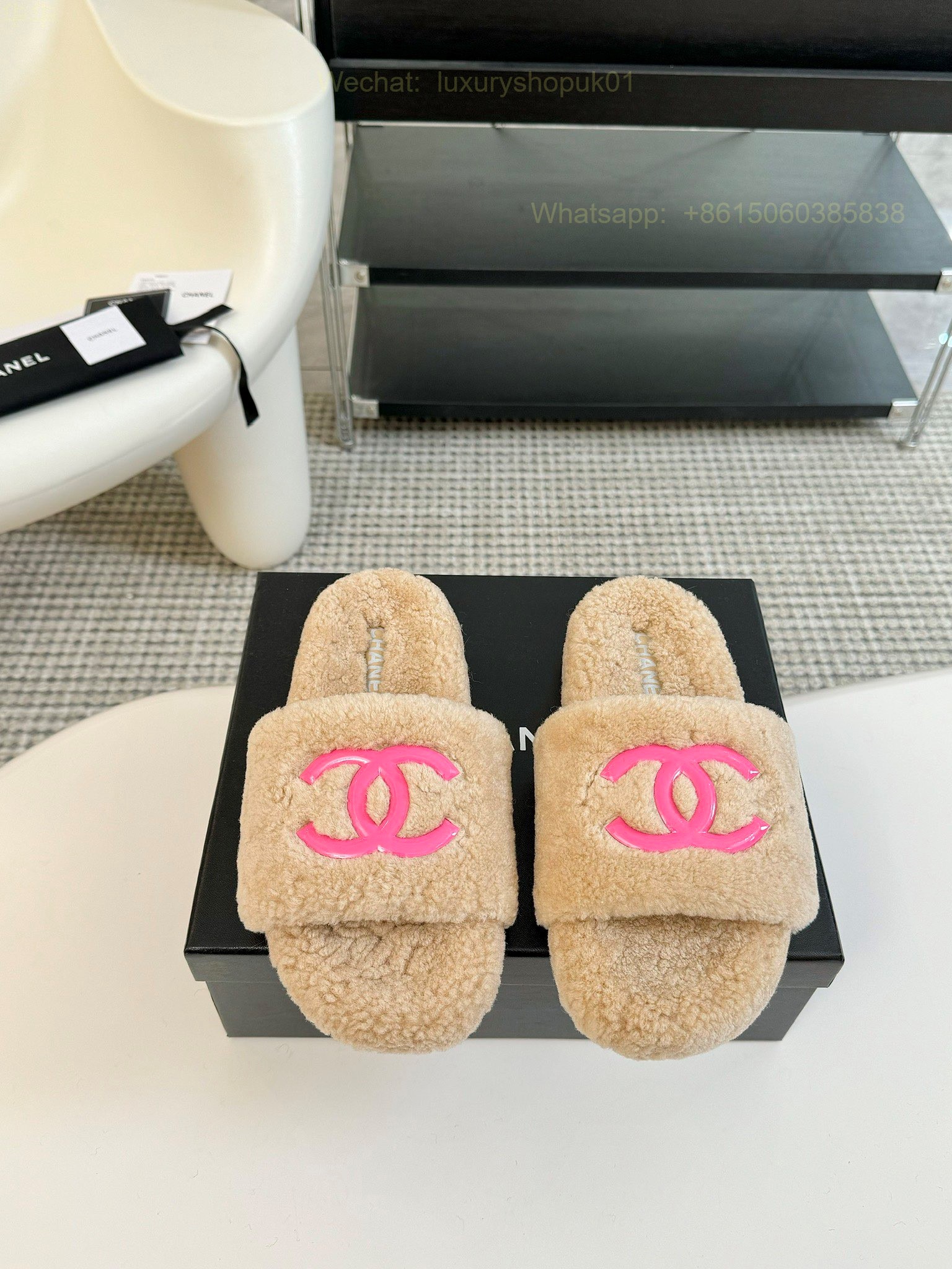 Chanel Women Faux Fur Shearling Slide Sandals Shoes