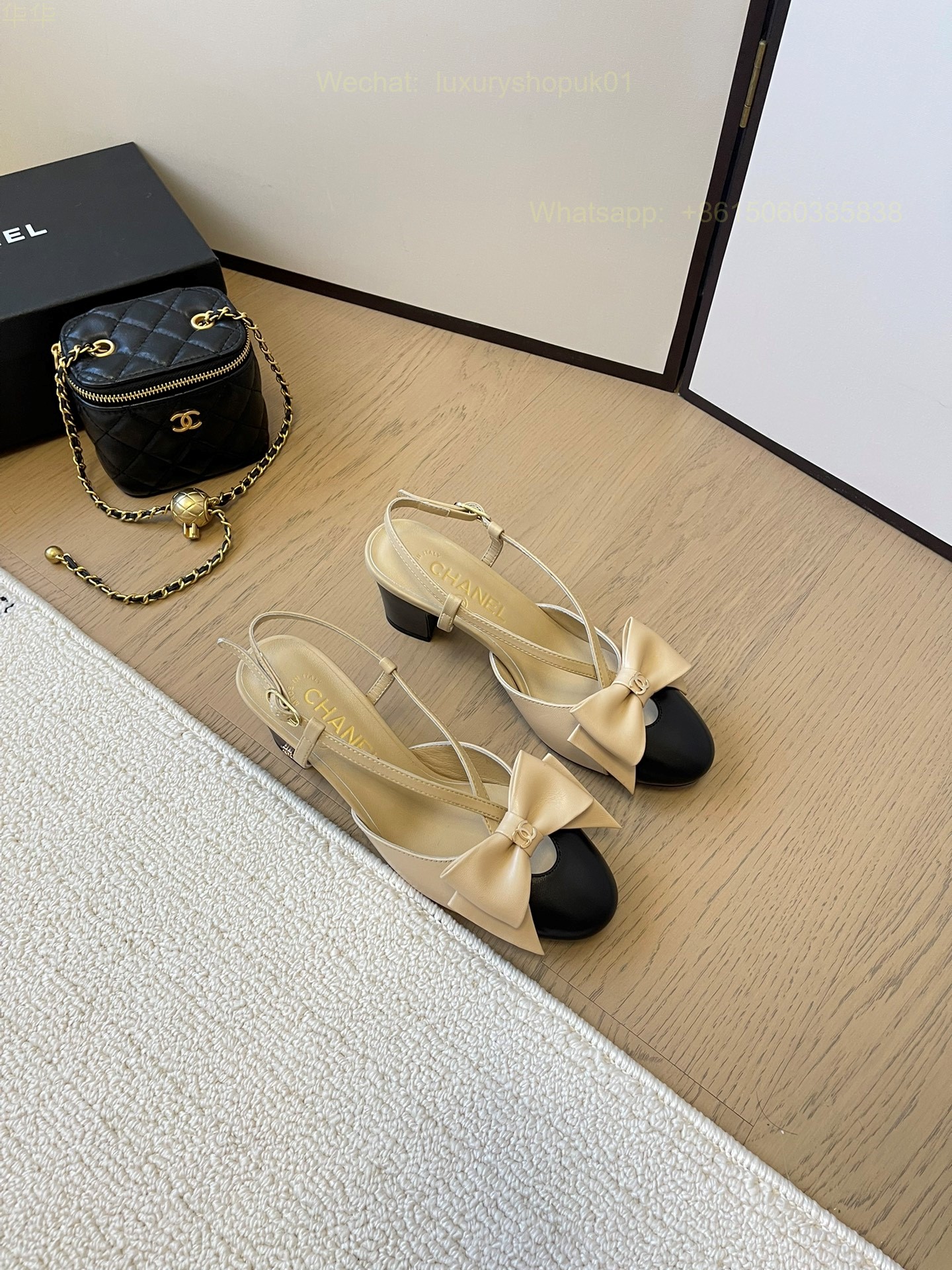 Chanel Two Tone Bow Slingback Heels Round Cap Toe CC Logo Women Shoes