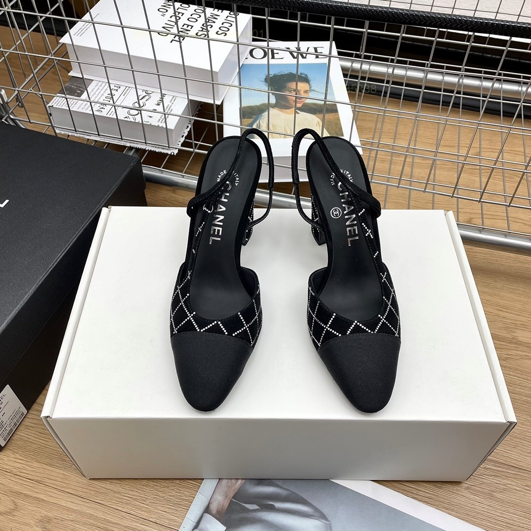 Women Chanel Crystal CC Logo Suede Slingbacks Pumps Heels Shoes