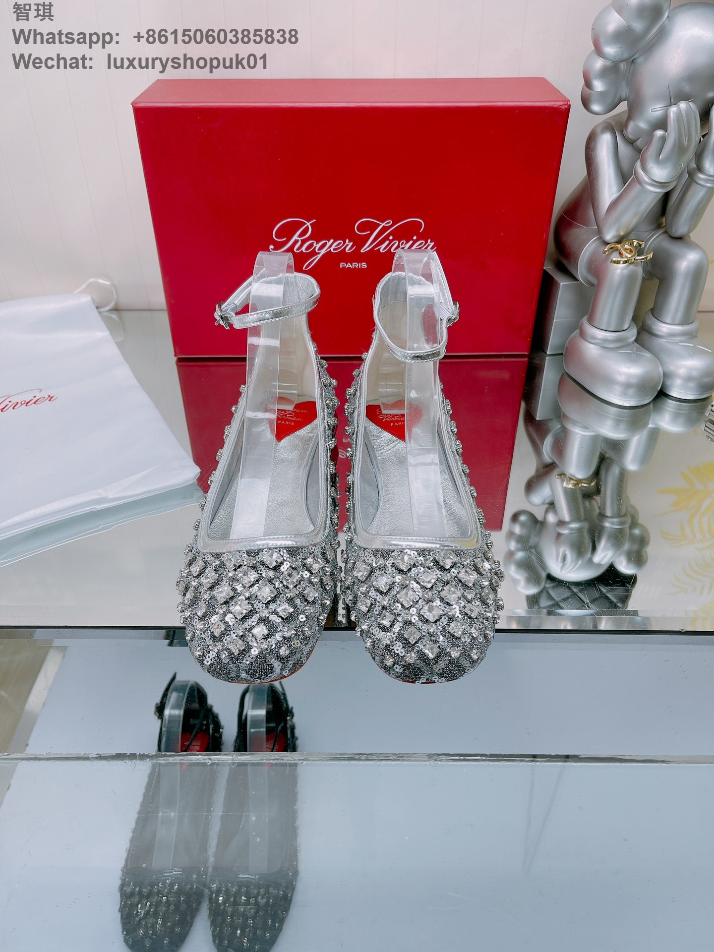 Women Roger Vivier sequin crystal buckle Ankle strap Ballet Flats Shoes