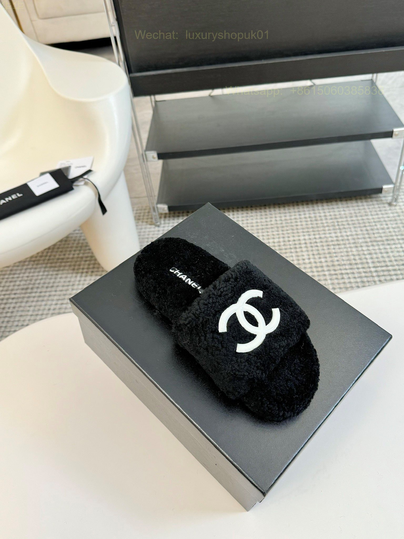 Chanel Women Faux Fur Shearling Slide Sandals Shoes