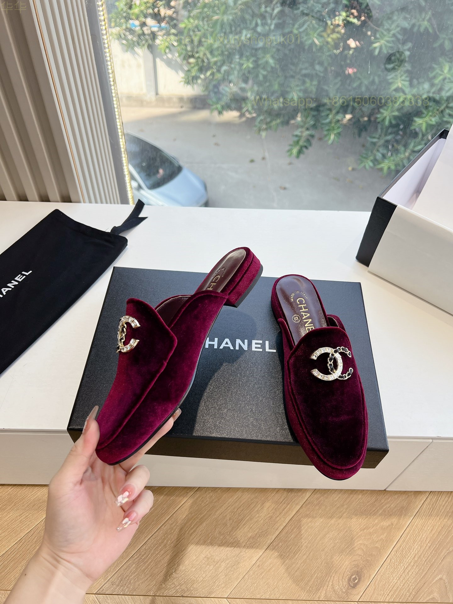Chanel CC Logo Velvet Slip On Slippers Slide Sandals