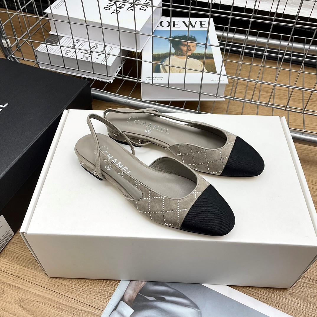 Women Chanel Leather Fabric Cap Toe Slingback Flats Sandals CC Logo Tweed Ballet Shoes