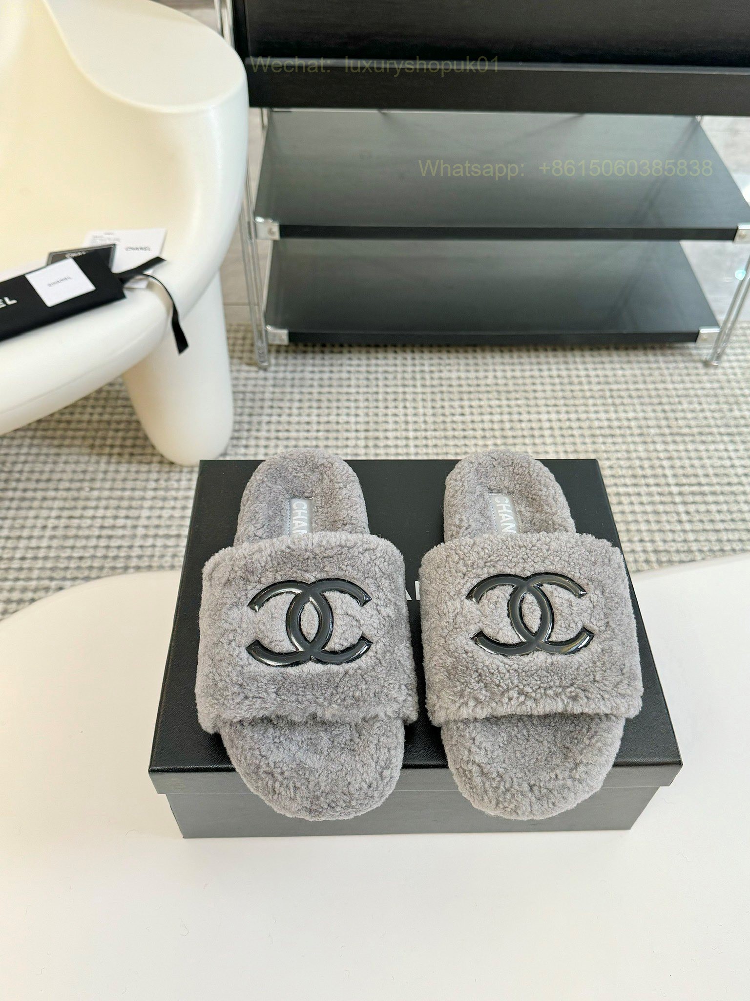Chanel Women Faux Fur Shearling Slide Sandals Shoes