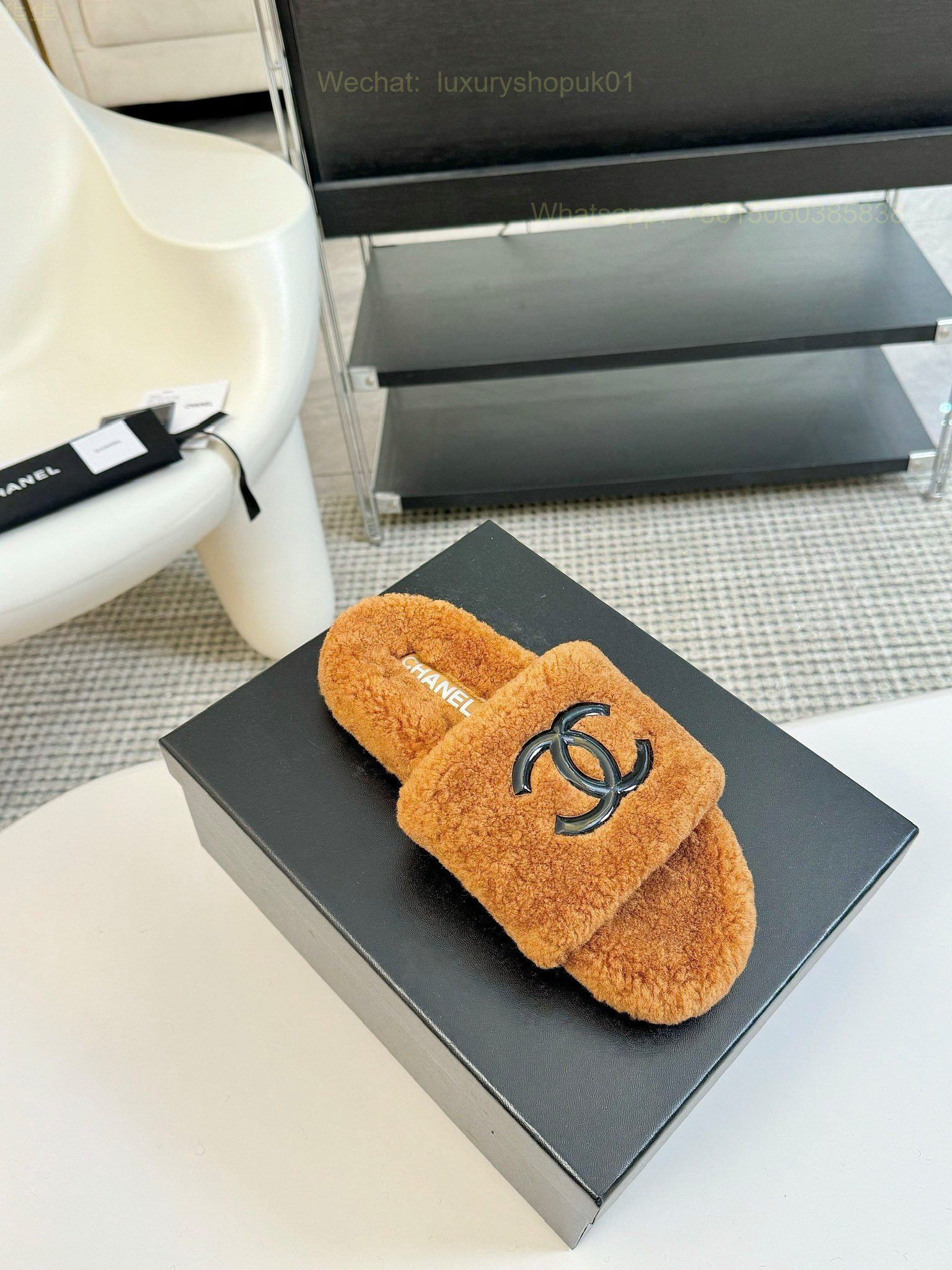 Chanel Women Faux Fur Shearling Slide Sandals Shoes