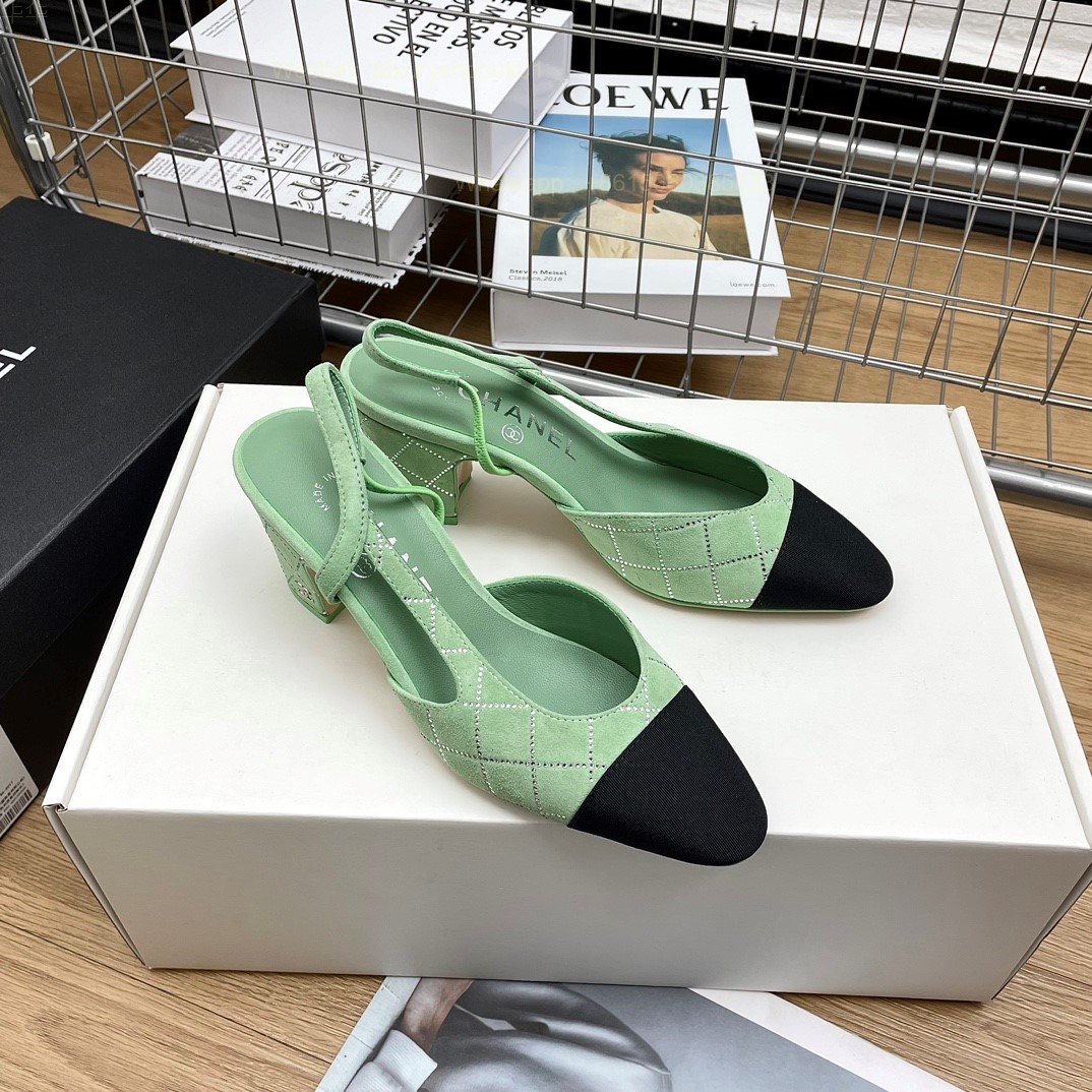 Women Chanel CC Logo crystal suede Slingbacks Pumps Heels Shoes