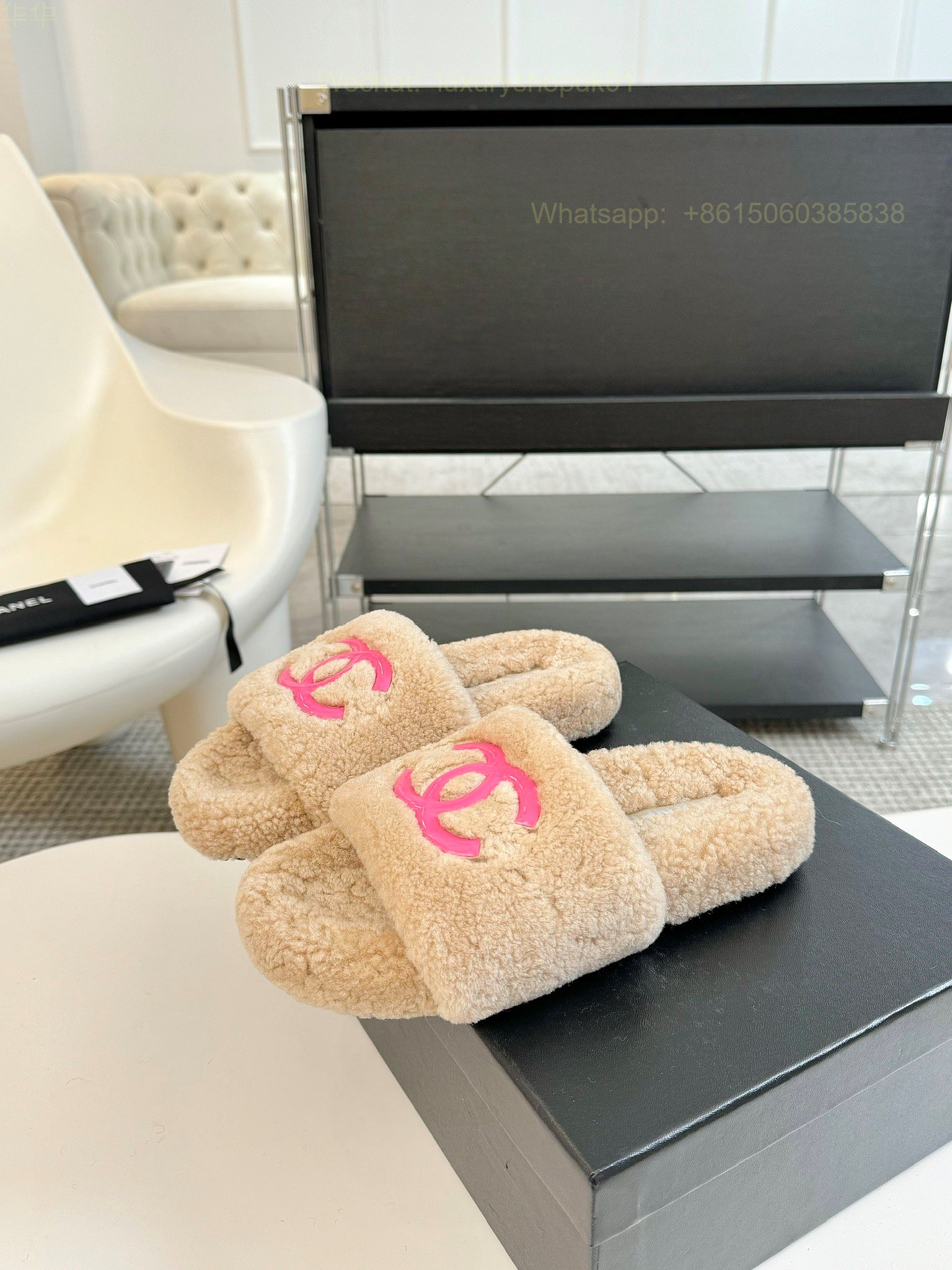 Chanel Women Faux Fur Shearling Slide Sandals Shoes