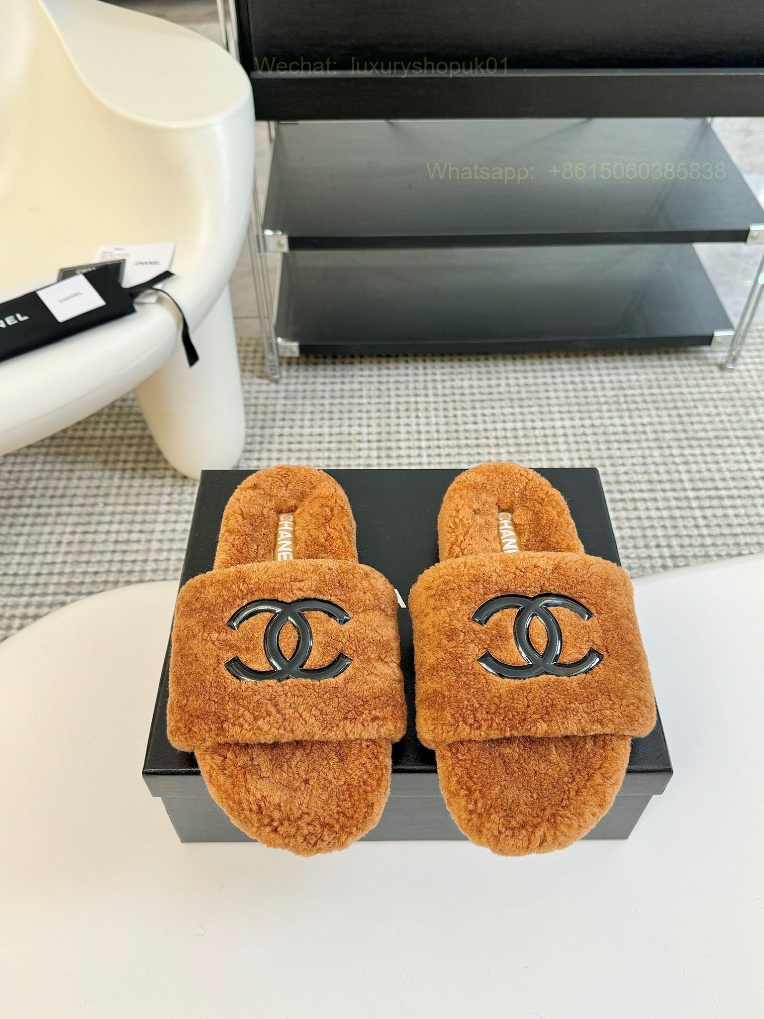 Chanel Women Faux Fur Shearling Slide Sandals Shoes