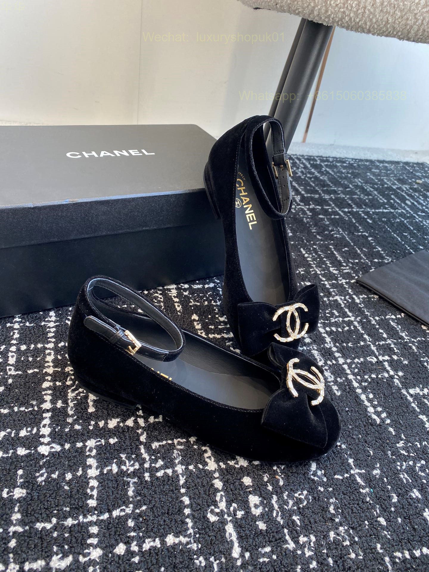 Women Chanel CC Logo Bow Ankle strap Ballet Flat Shoes