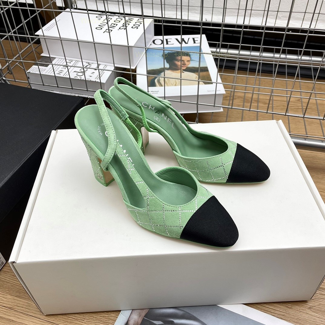 Women Chanel CC Logo crystal suede Slingbacks Pumps Heels Shoes