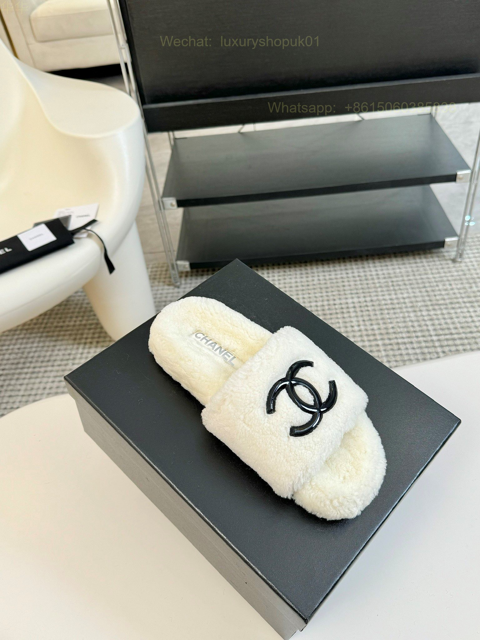 Chanel Women Faux Fur Shearling Slide Sandals Shoes