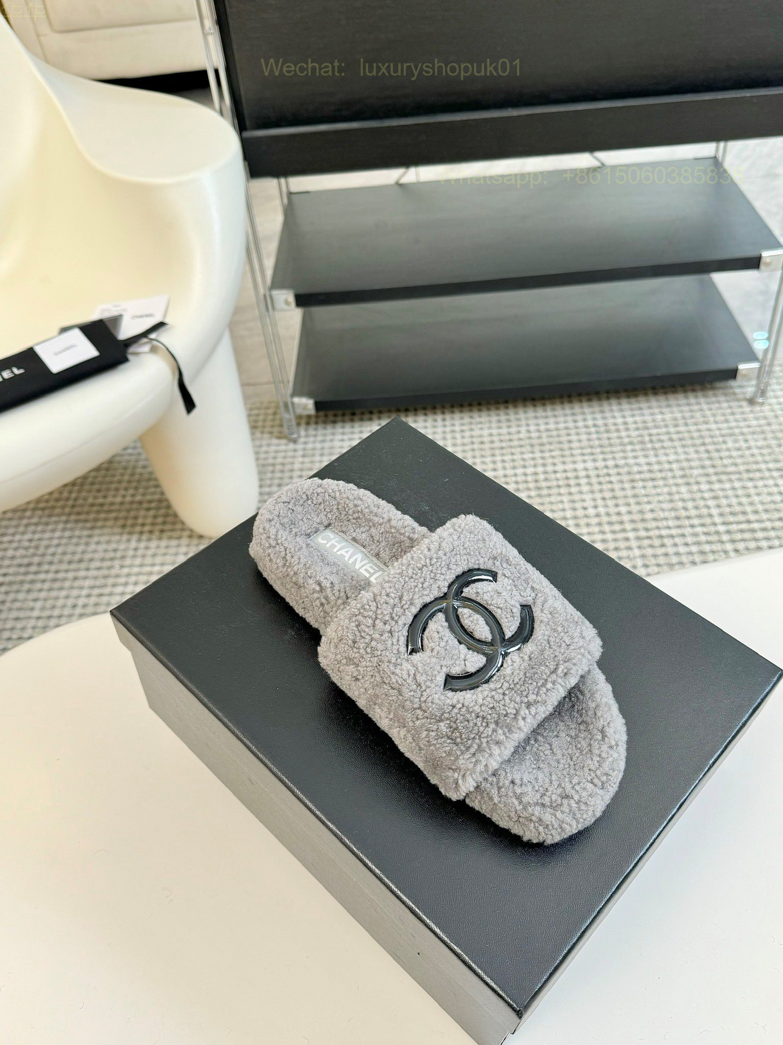 Chanel Women Faux Fur Shearling Slide Sandals Shoes