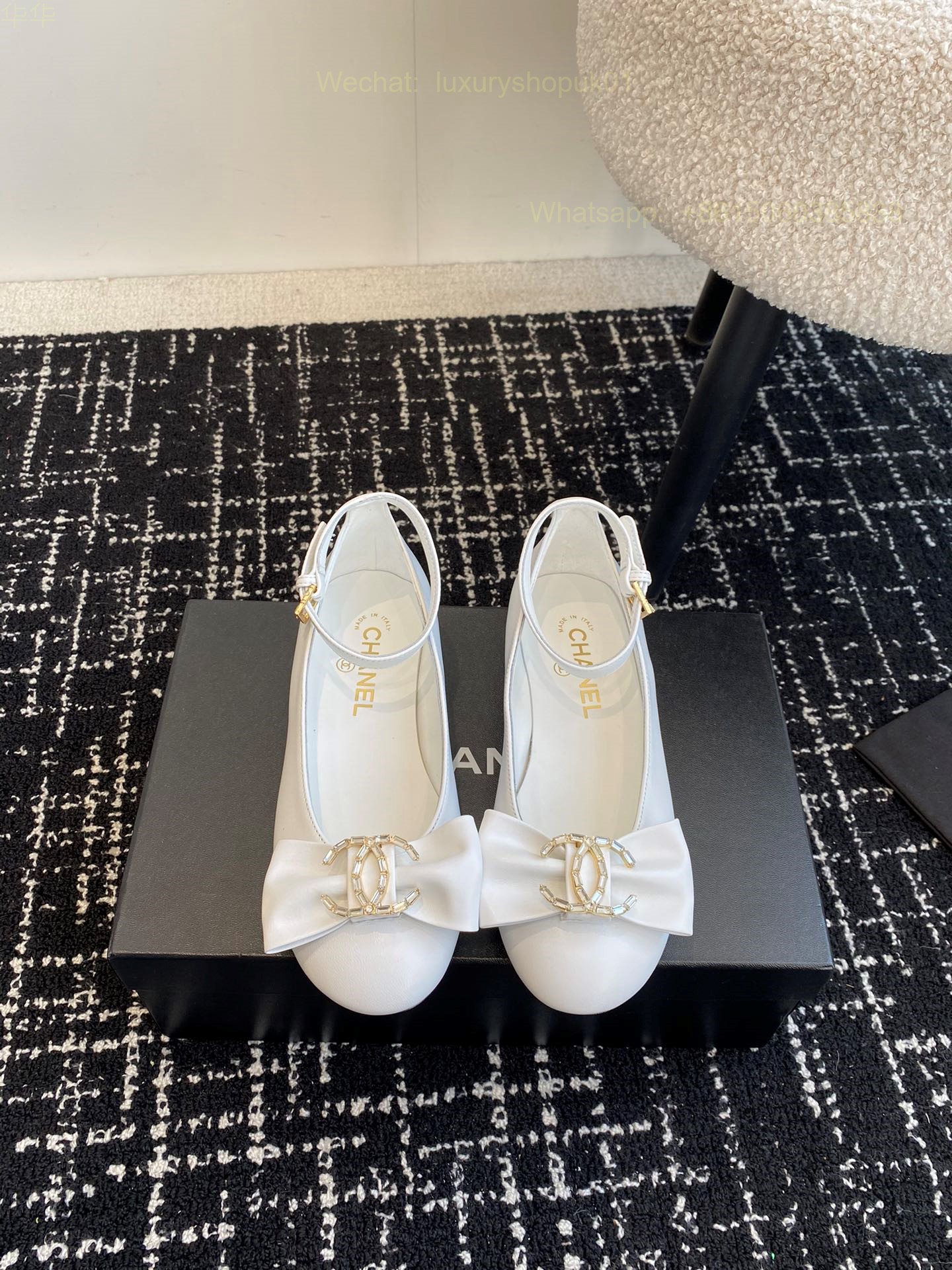 Women Chanel CC Logo Leather Bow Ankle strap Ballet Flat Shoes