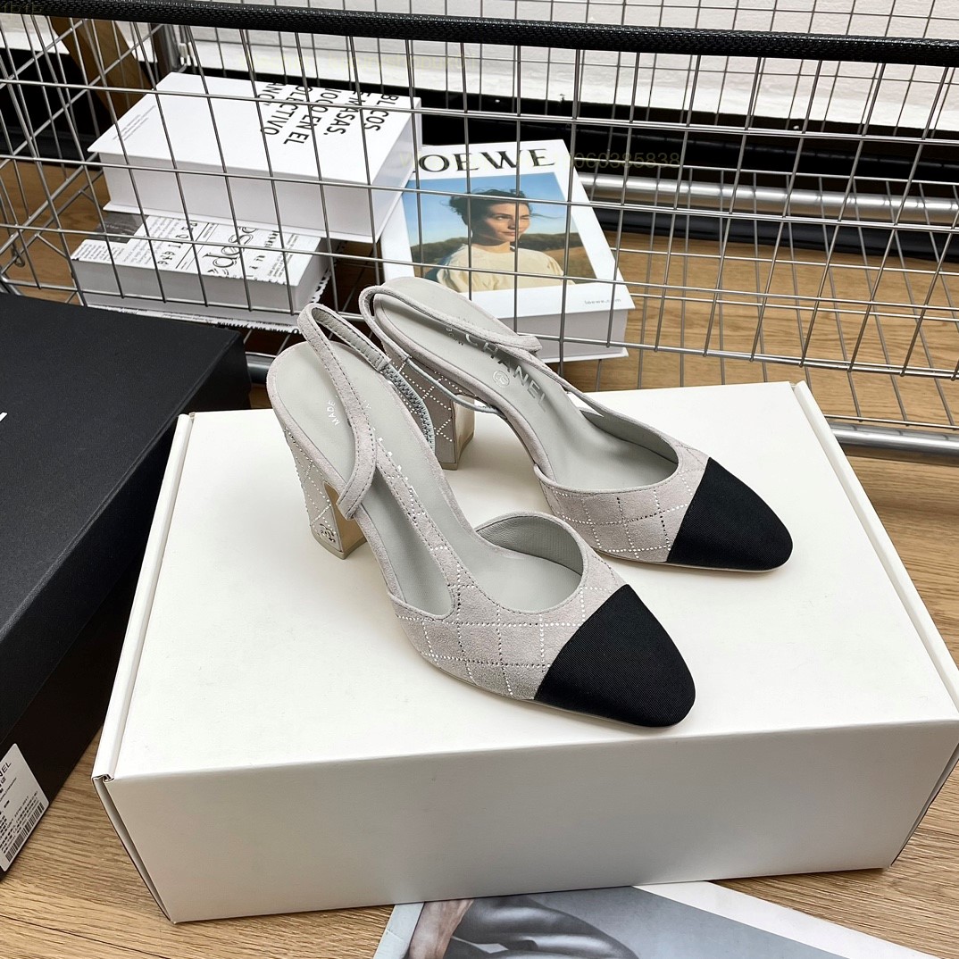 Women Chanel CC Logo crystal suede Slingbacks Pumps Heels Shoes