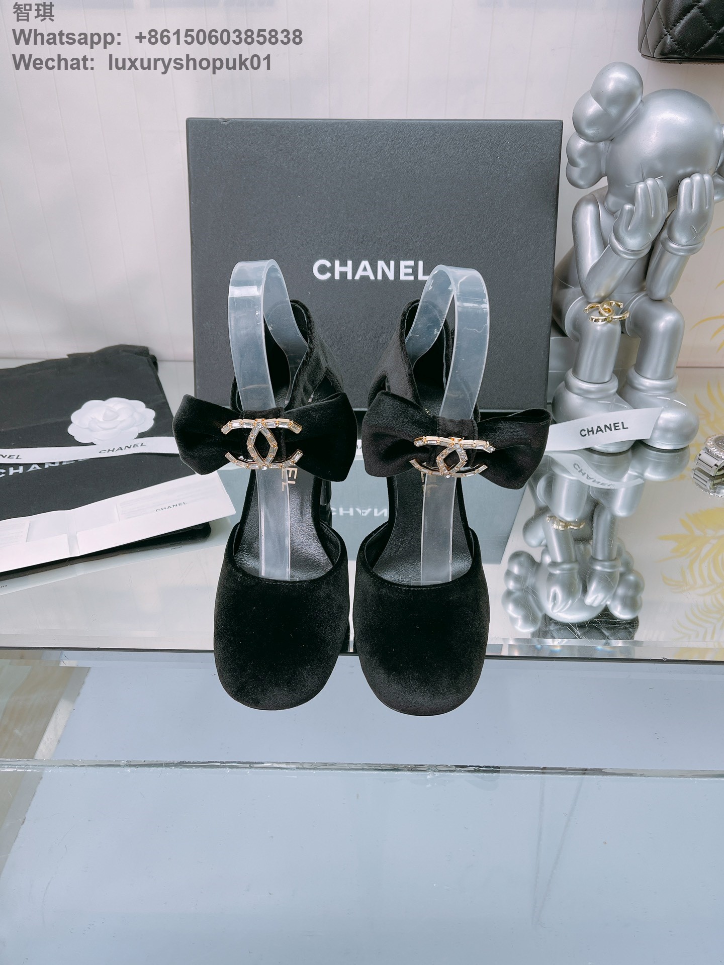 Chanel Velvet Strap Heels CC Logo Bow Pumps Women Shoes
