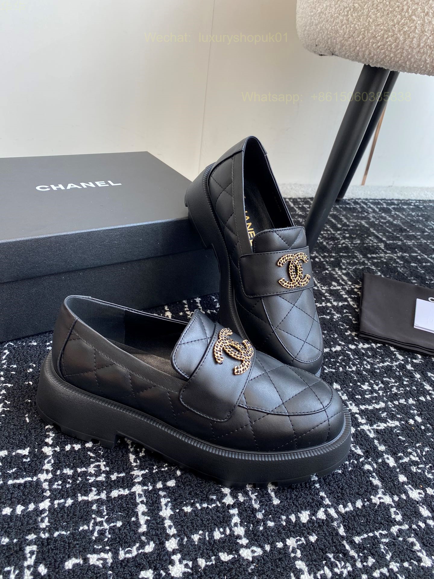 Women Chanel Chain Loafers Leather CC Logo Flats Shoes