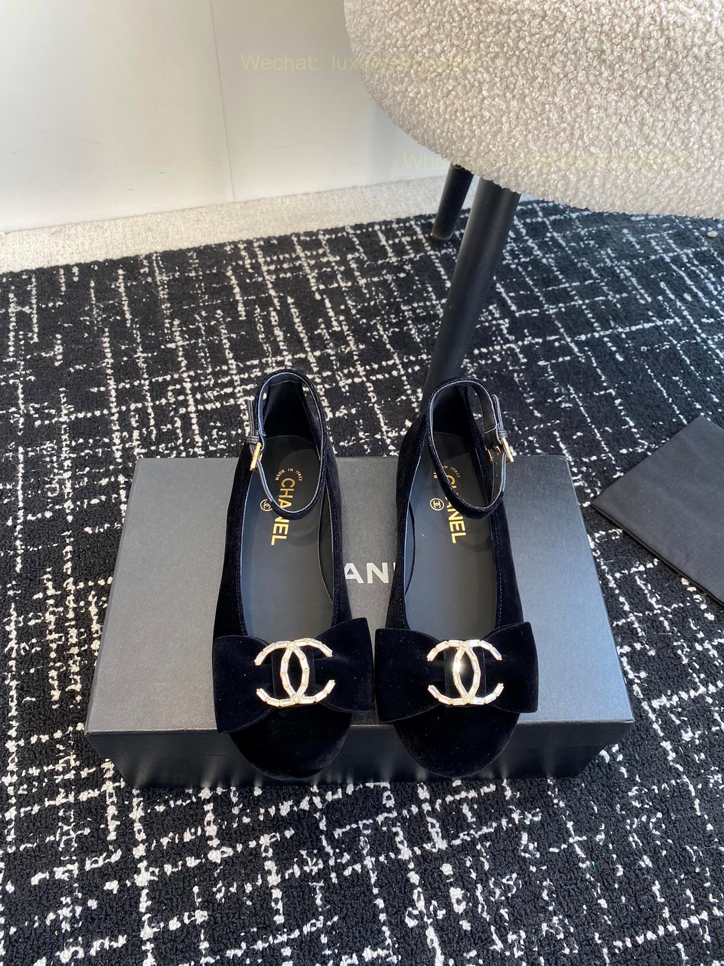 Women Chanel CC Logo Bow Ankle strap Ballet Flat Shoes