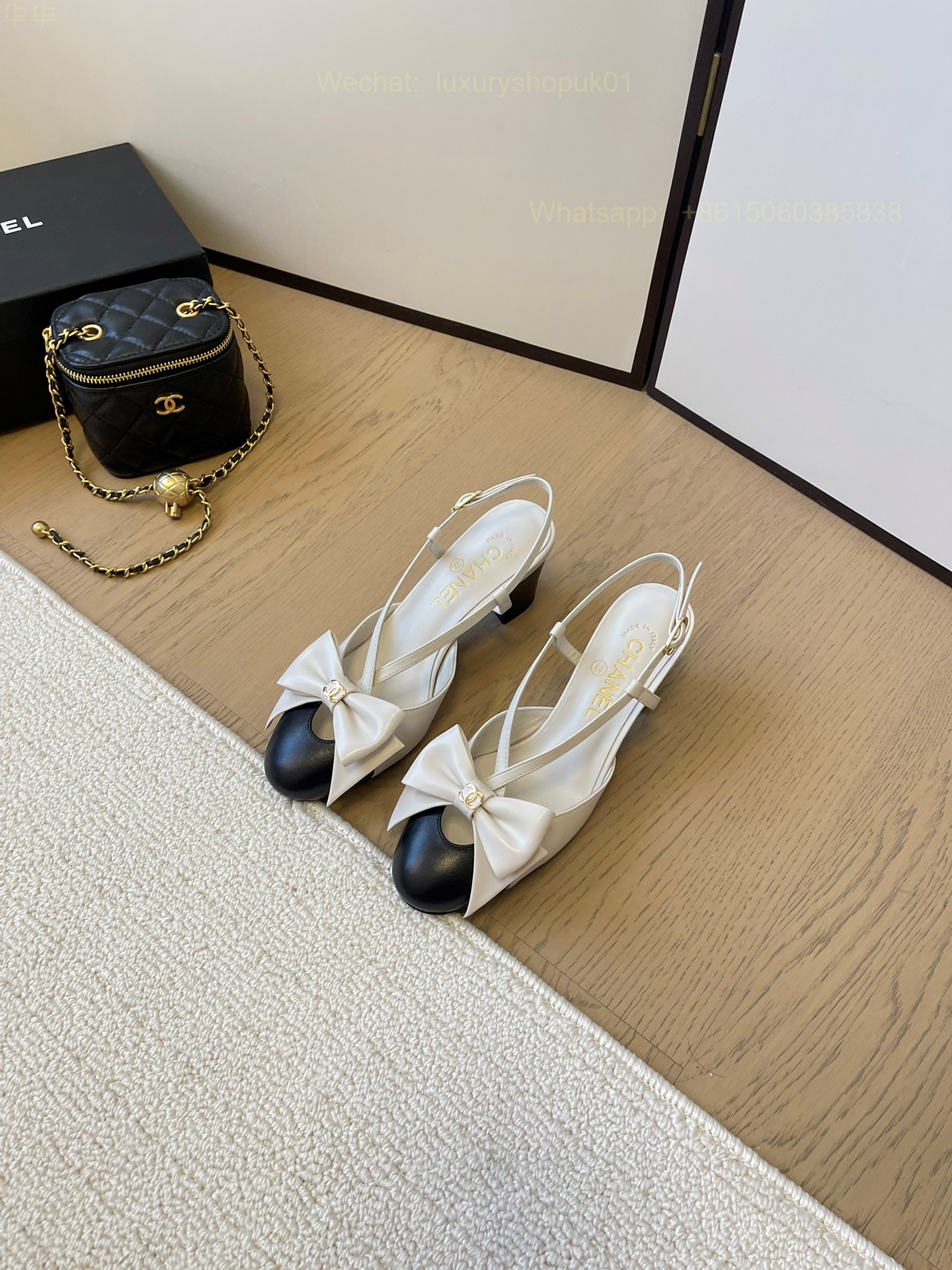 Chanel Two Tone Bow Slingback Heels Round Cap Toe CC Logo Women Shoes