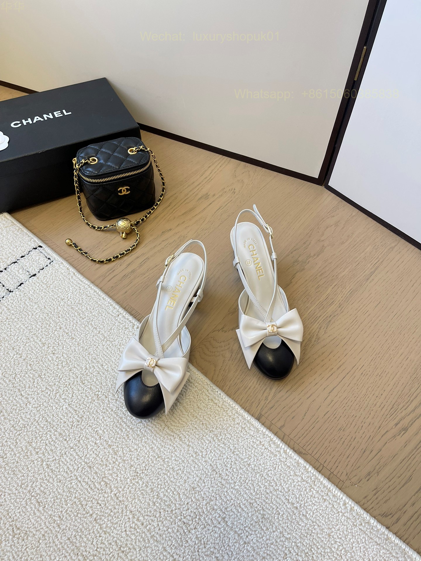 Chanel Two Tone Bow Slingback Heels Round Cap Toe CC Logo Women Shoes