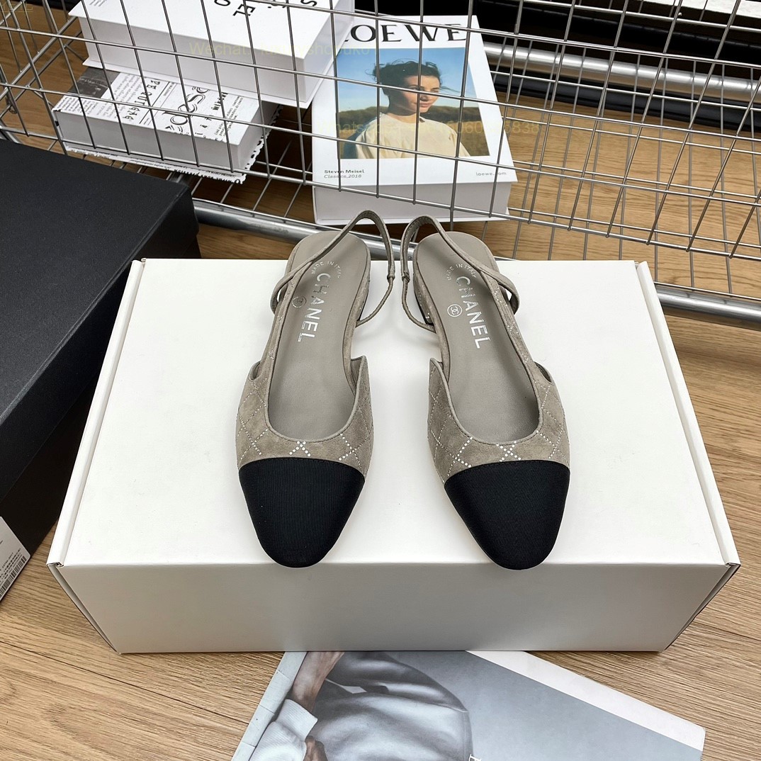 Women Chanel Leather Fabric Cap Toe Slingback Flats Sandals CC Logo Tweed Ballet Shoes