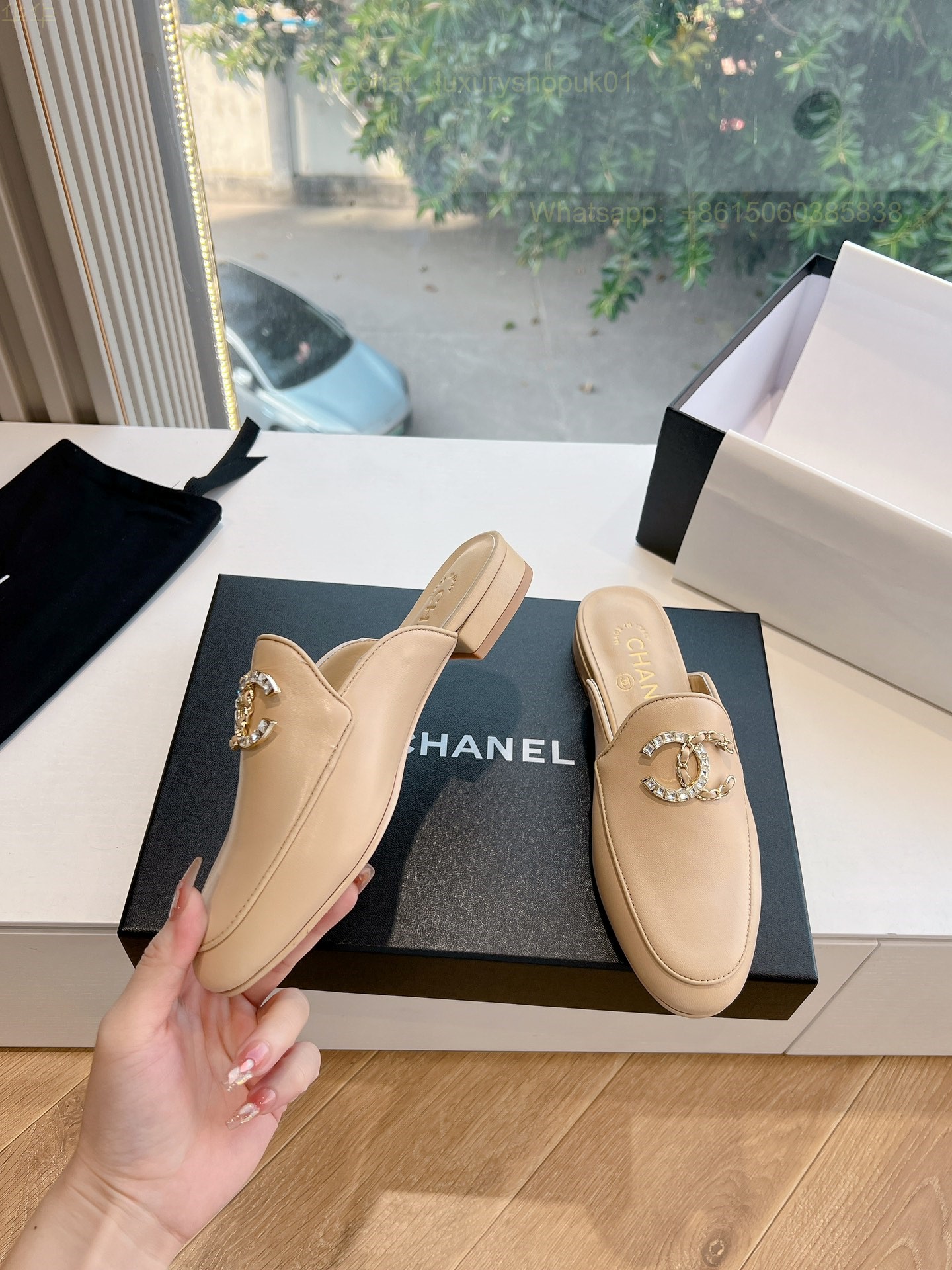 Chanel CC Logo Leather Slip On Slippers Slide Sandals
