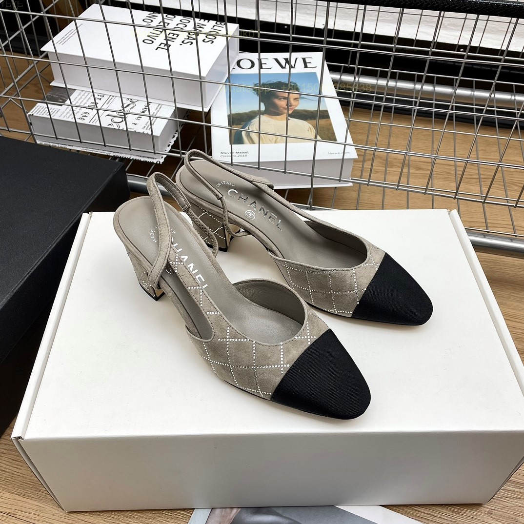 Women Chanel CC Logo crystal suede Slingbacks Pumps Heels Shoes