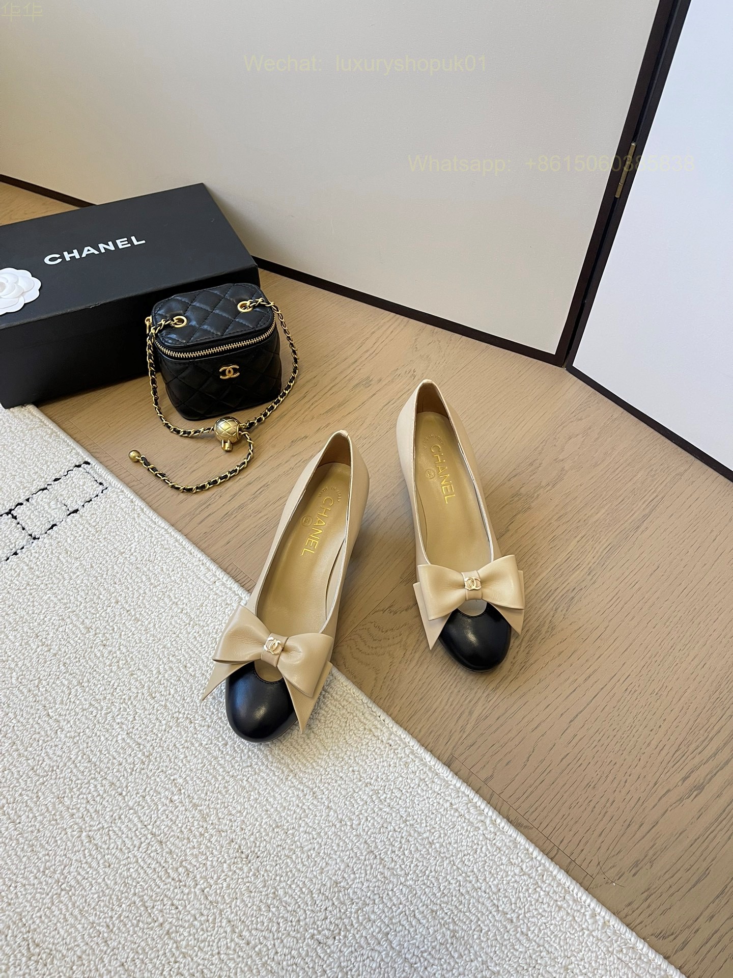 Chanel Bow Two Tone Heels Leather CC Block Heel Pumps Women Shoes