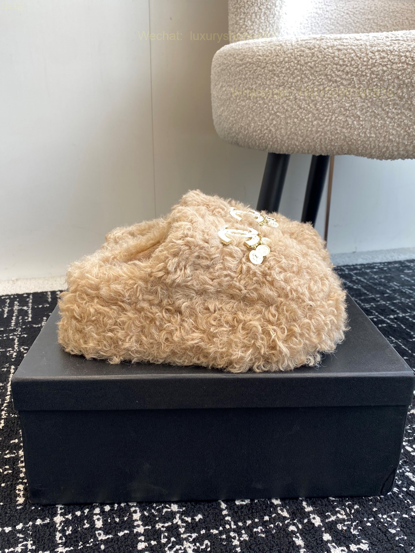 Chanel Slipper Sandal Slide Mule Fur Shearling CC Logo Women Shoes