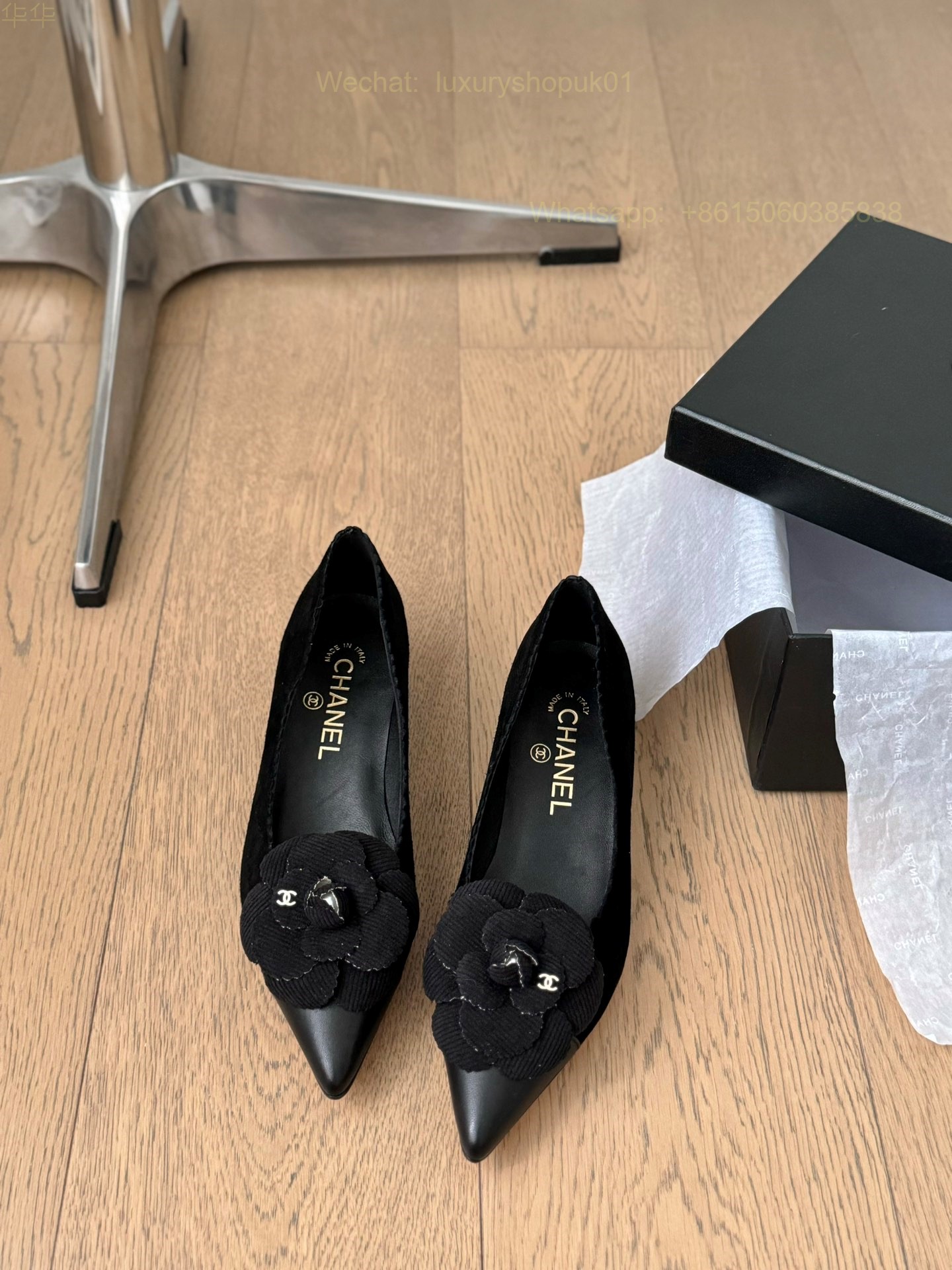 Chanel Leather Camellia Flower Block Heels Pointed toe Women Shoes