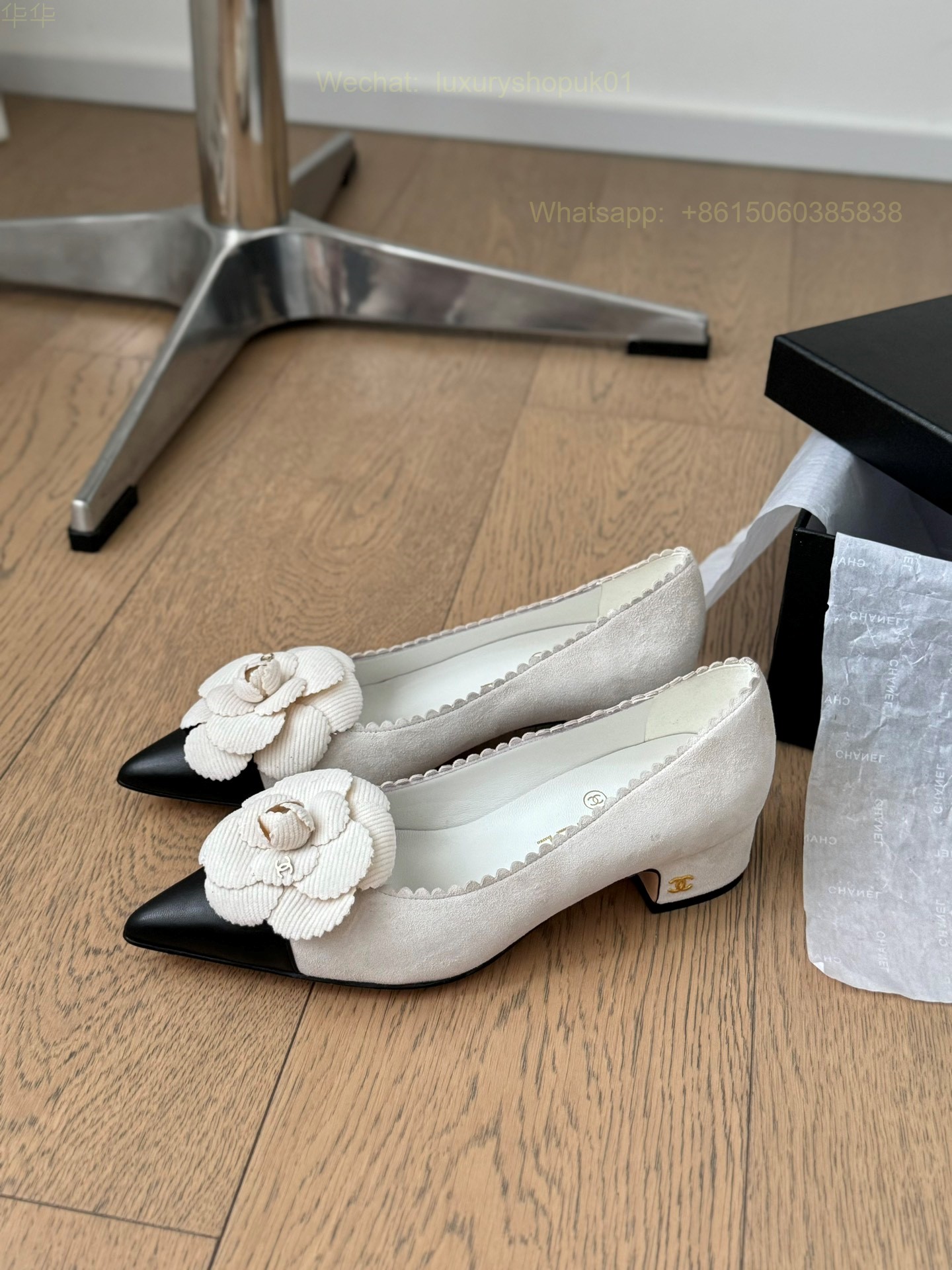 Chanel Leather Camellia Flower Block Heels Pointed toe Women Shoes
