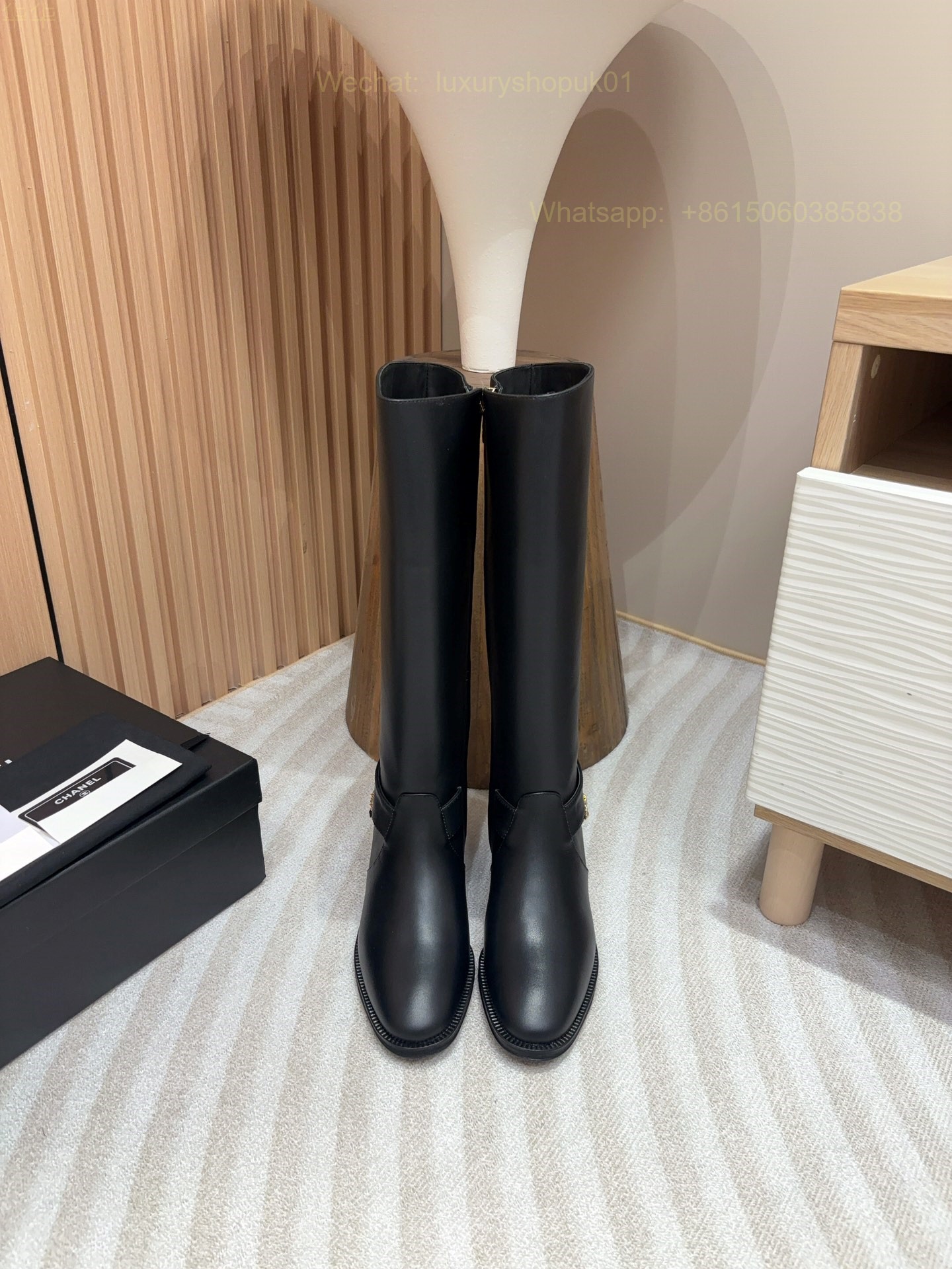 Chanel Chain Leather Flat Knee high Boot CC Logo Women Shoes
