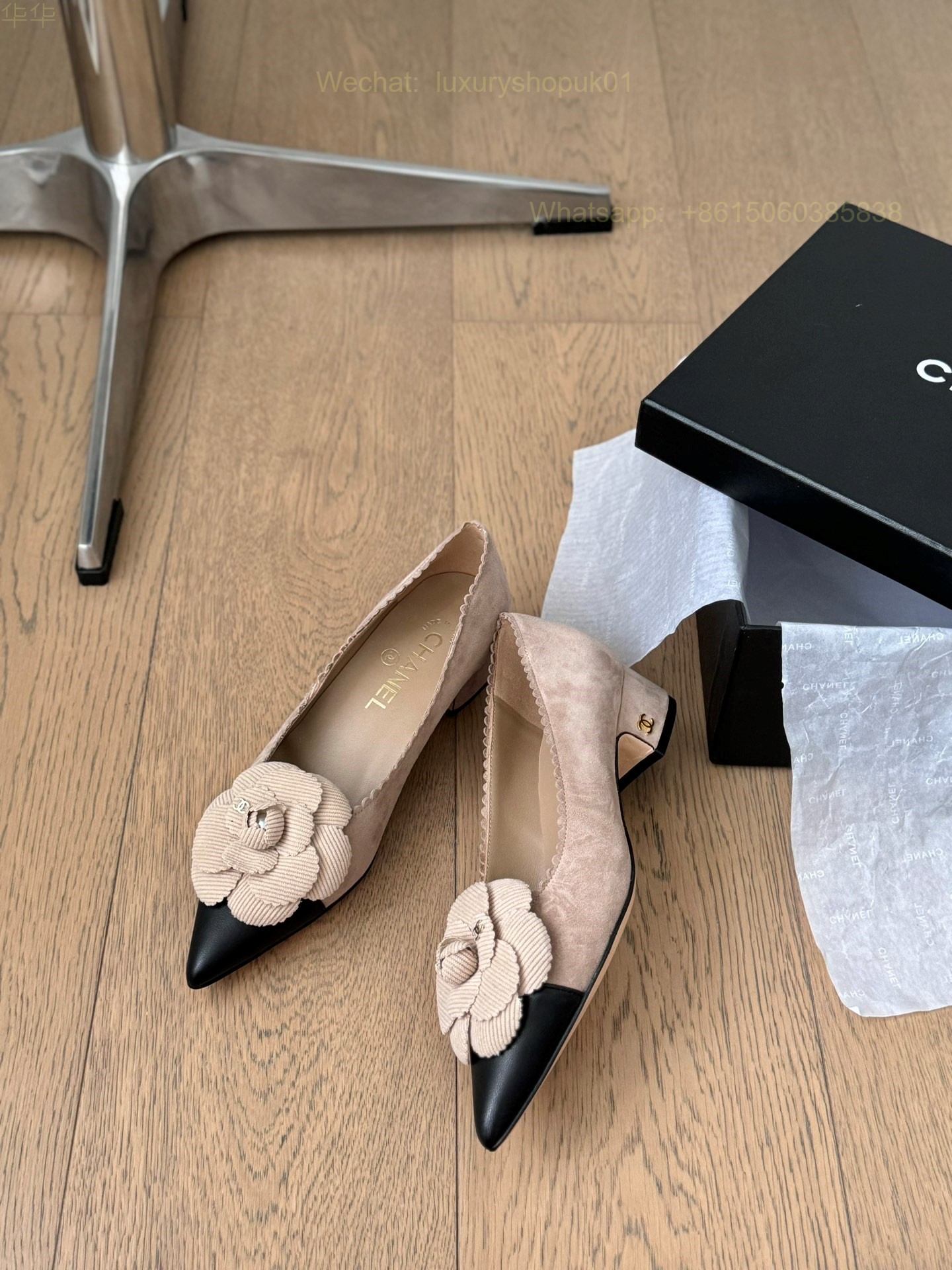 Chanel Leather Camellia Flower Block Heels Pointed toe Women Shoes