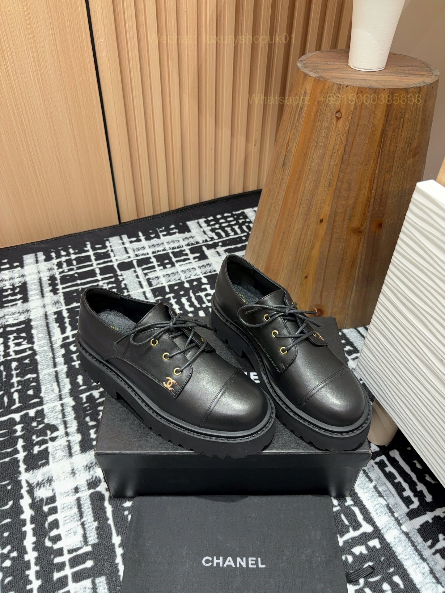 Chanel leather lace up Loafers flat CC Logo Women Shoes