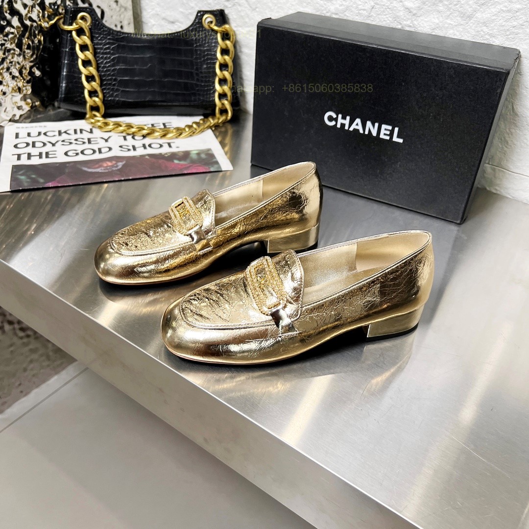 Women Chanel Leather Chain Loafers CC Logo Flats Shoes