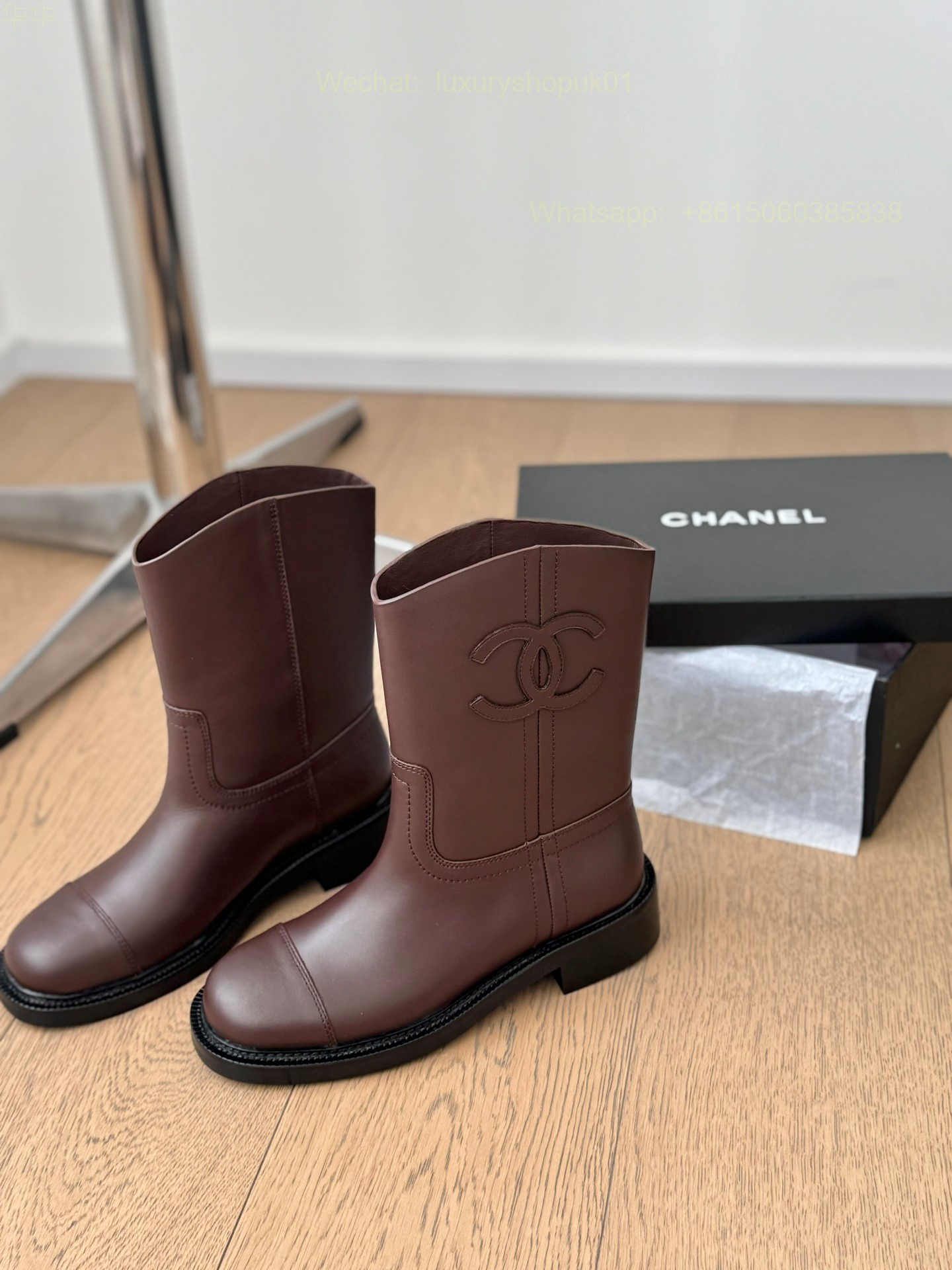 Chanel red Leather Flat Boot CC Logo Women Shoes