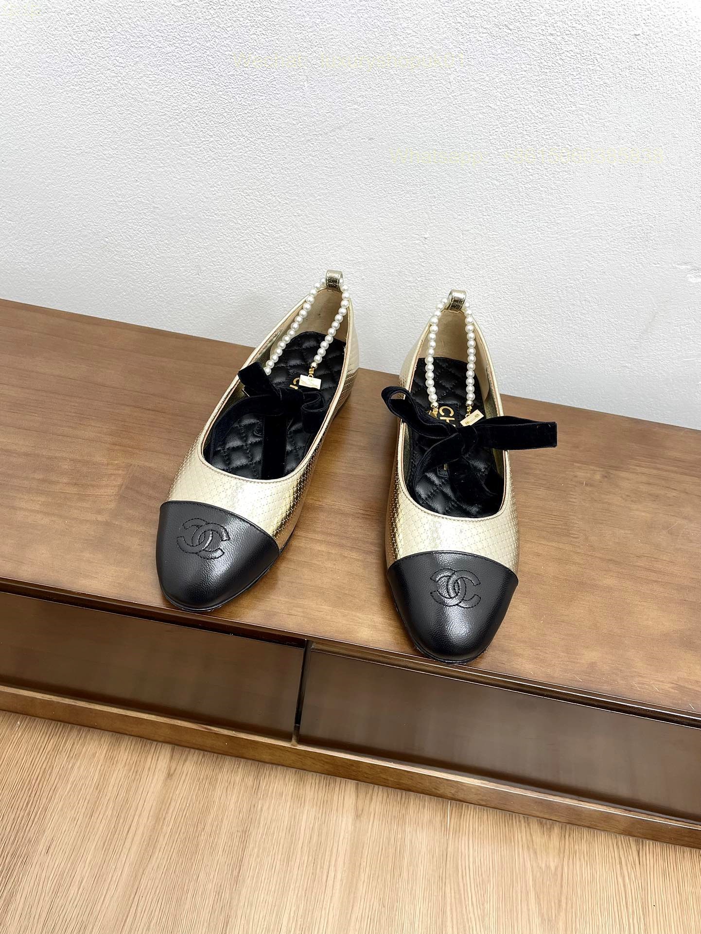 Chanel Ballet Flats Bow Pearl Ankle strap CC Logo Women Shoes