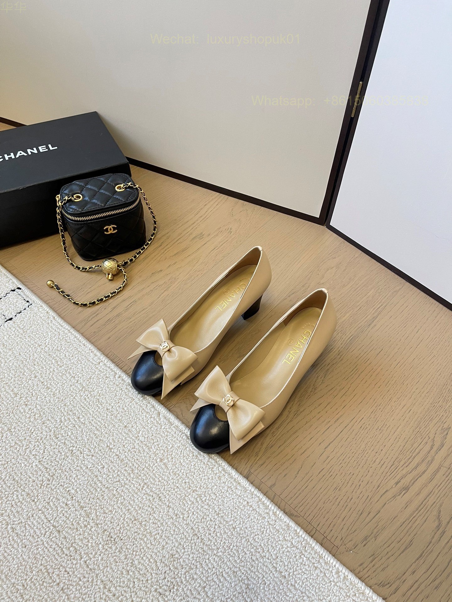 Chanel Bow Two Tone Heels Leather CC Block Heel Pumps Women Shoes