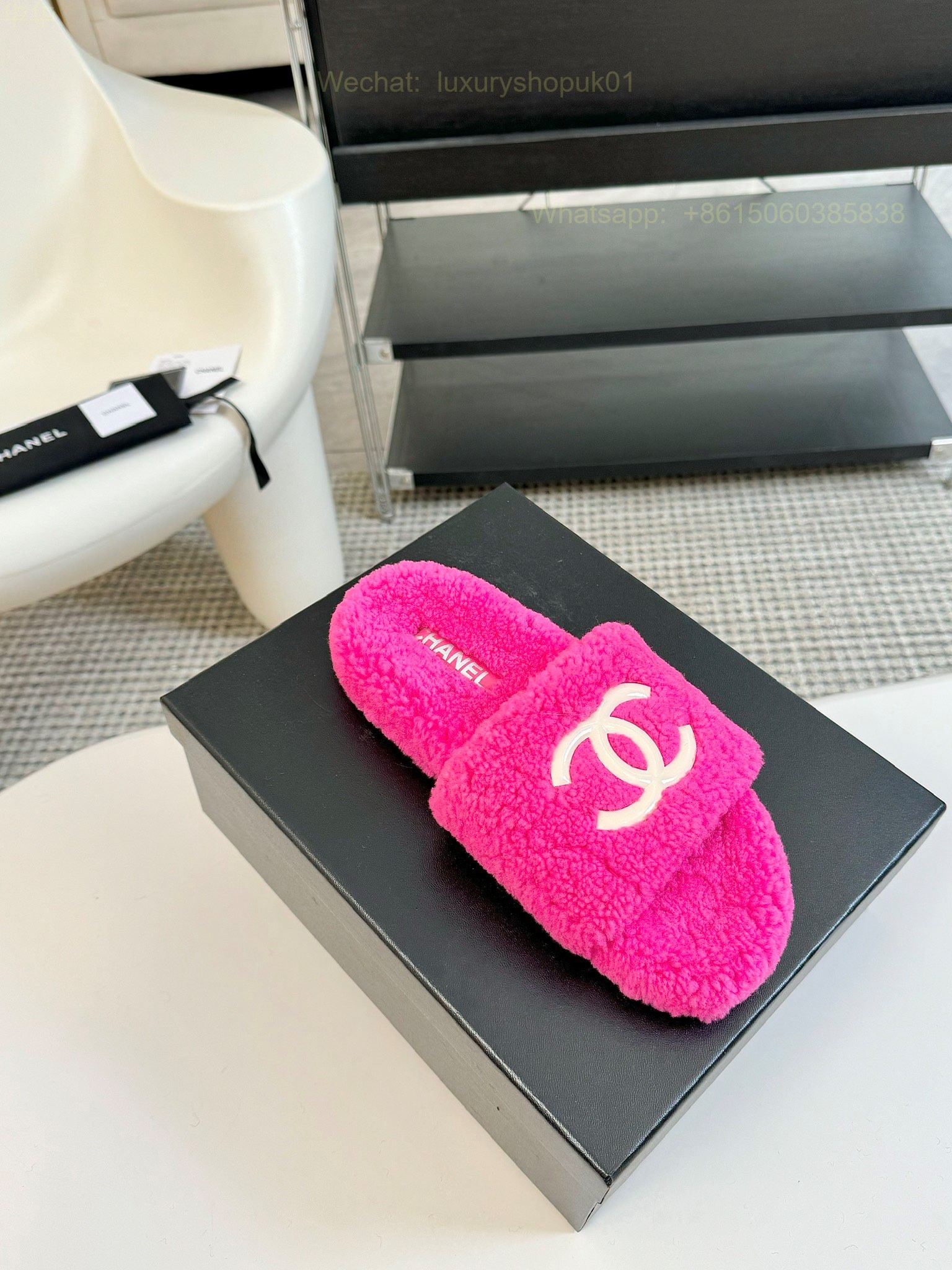 Chanel Women Faux Fur Shearling Slide Sandals Shoes