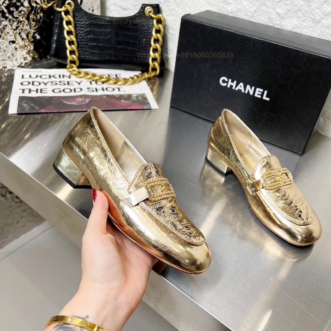 Women Chanel Leather Chain Loafers CC Logo Flats Shoes