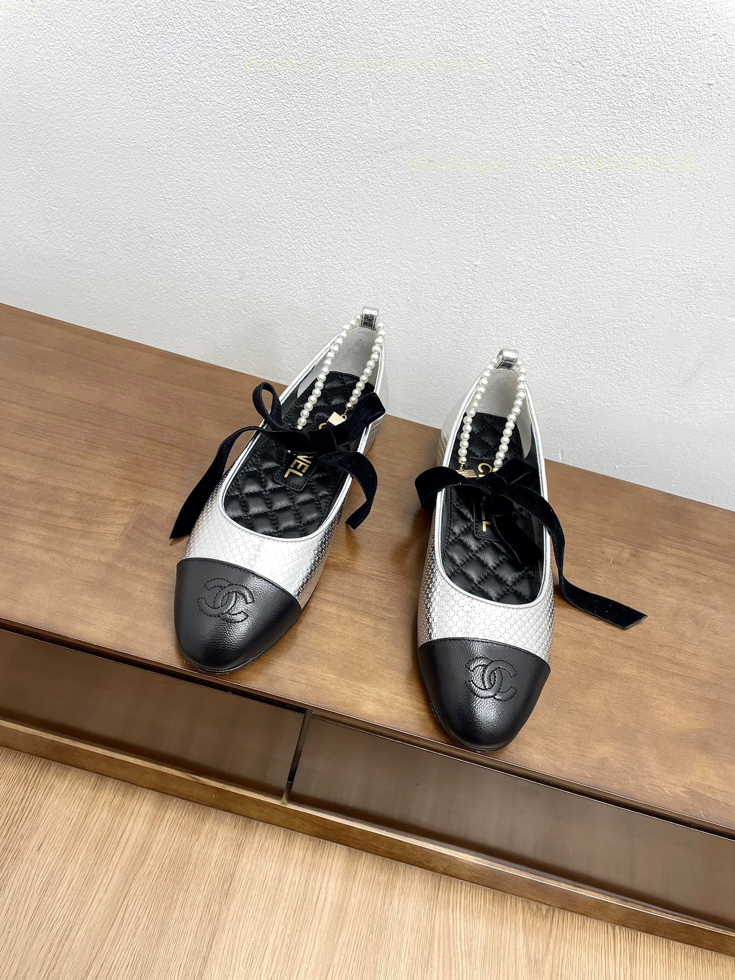 Chanel Ballet Flats Bow Pearl Ankle strap CC Logo Women Shoes