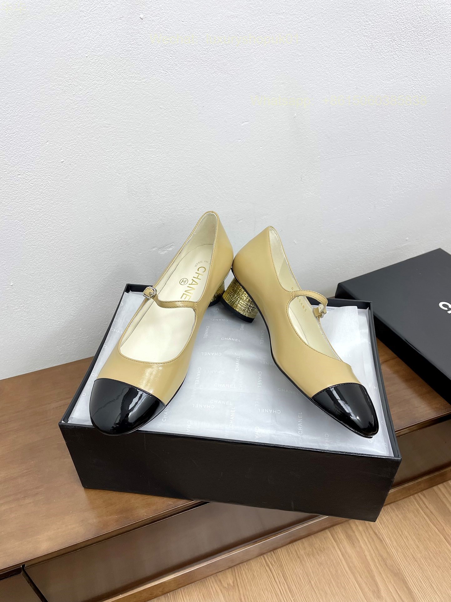 Chanel Bow Two Tone Heels Leather CC Block Heel Pumps Women Shoes