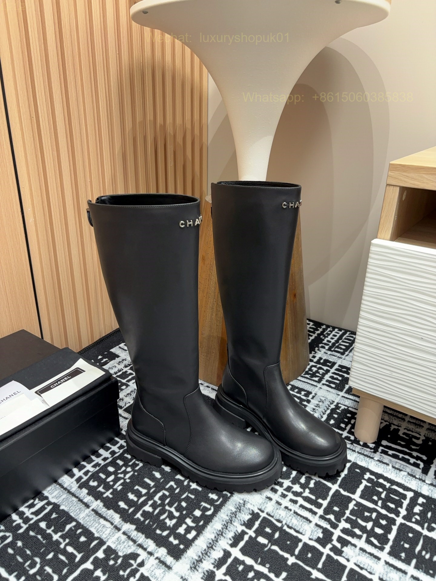 Chanel leather flat knee high Boots Women Shoes