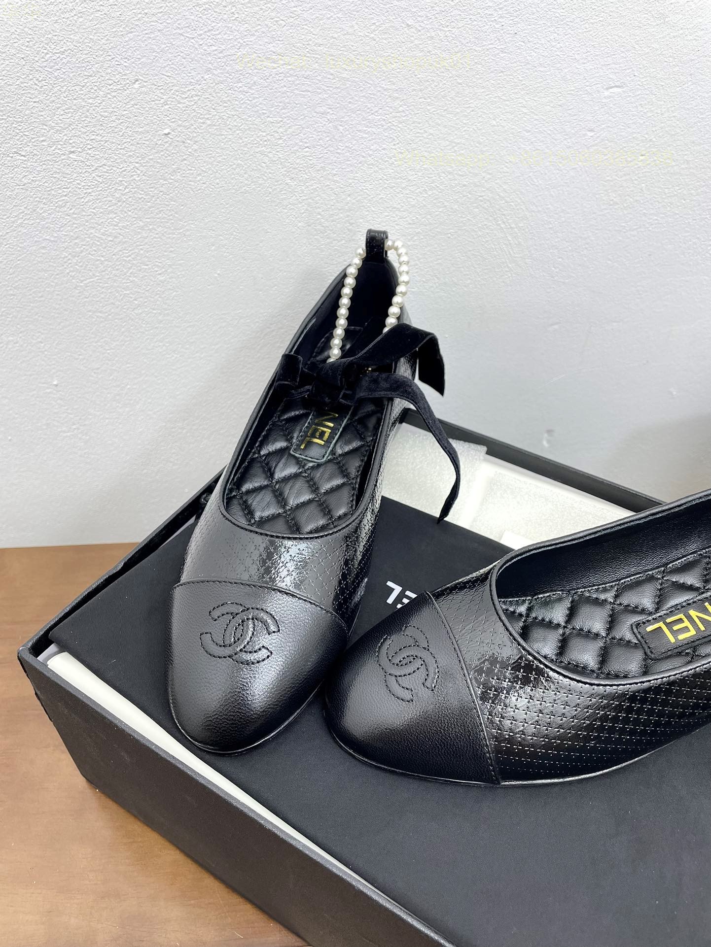 Chanel Ballet Flats Bow Pearl Ankle strap CC Logo Women Shoes