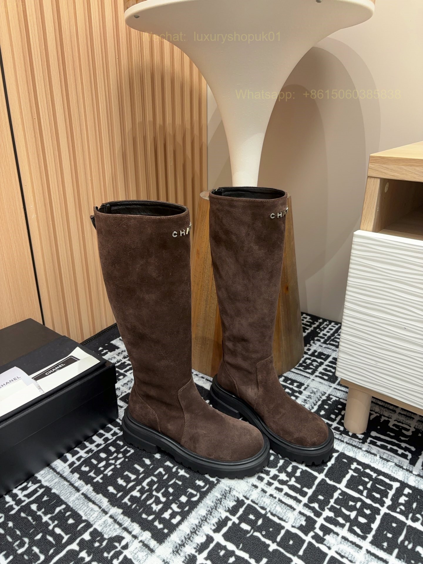 Chanel suede leather flat knee high Boots Women Shoes