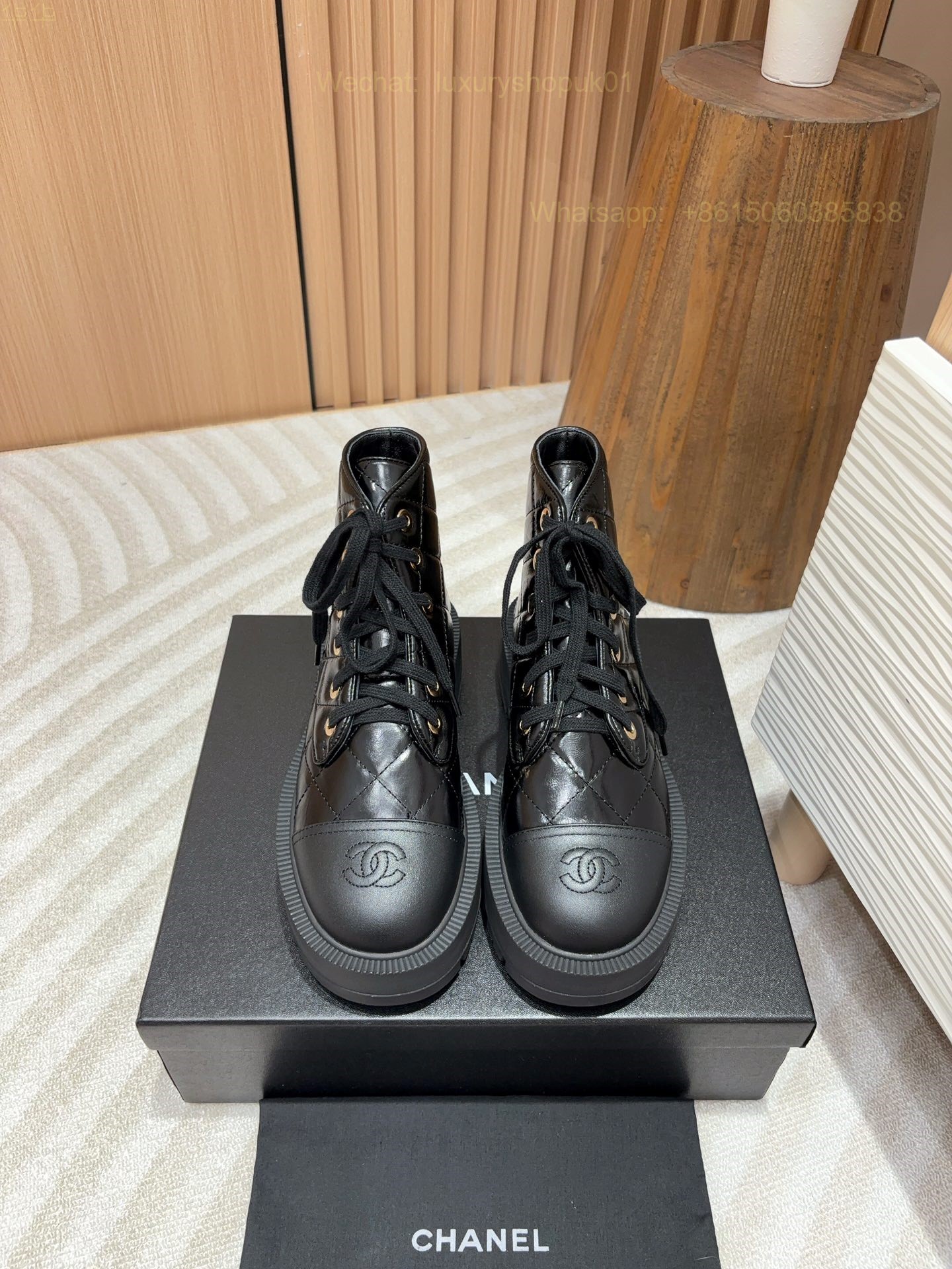 Chanel Quilted Leather CC Cap Toe Platform Combat Boots Women Shoes