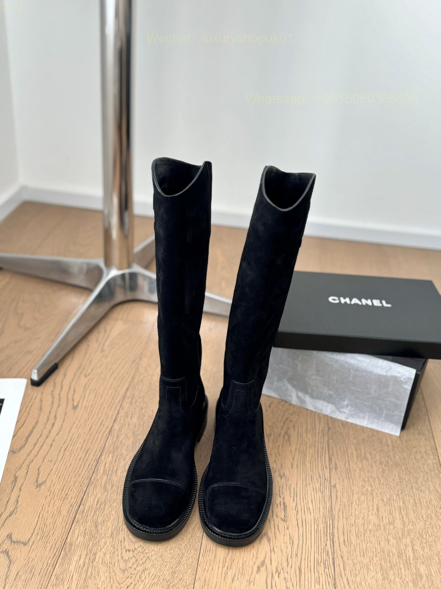 Chanel suede Leather Flat Knee high Boot CC Logo Women Shoes