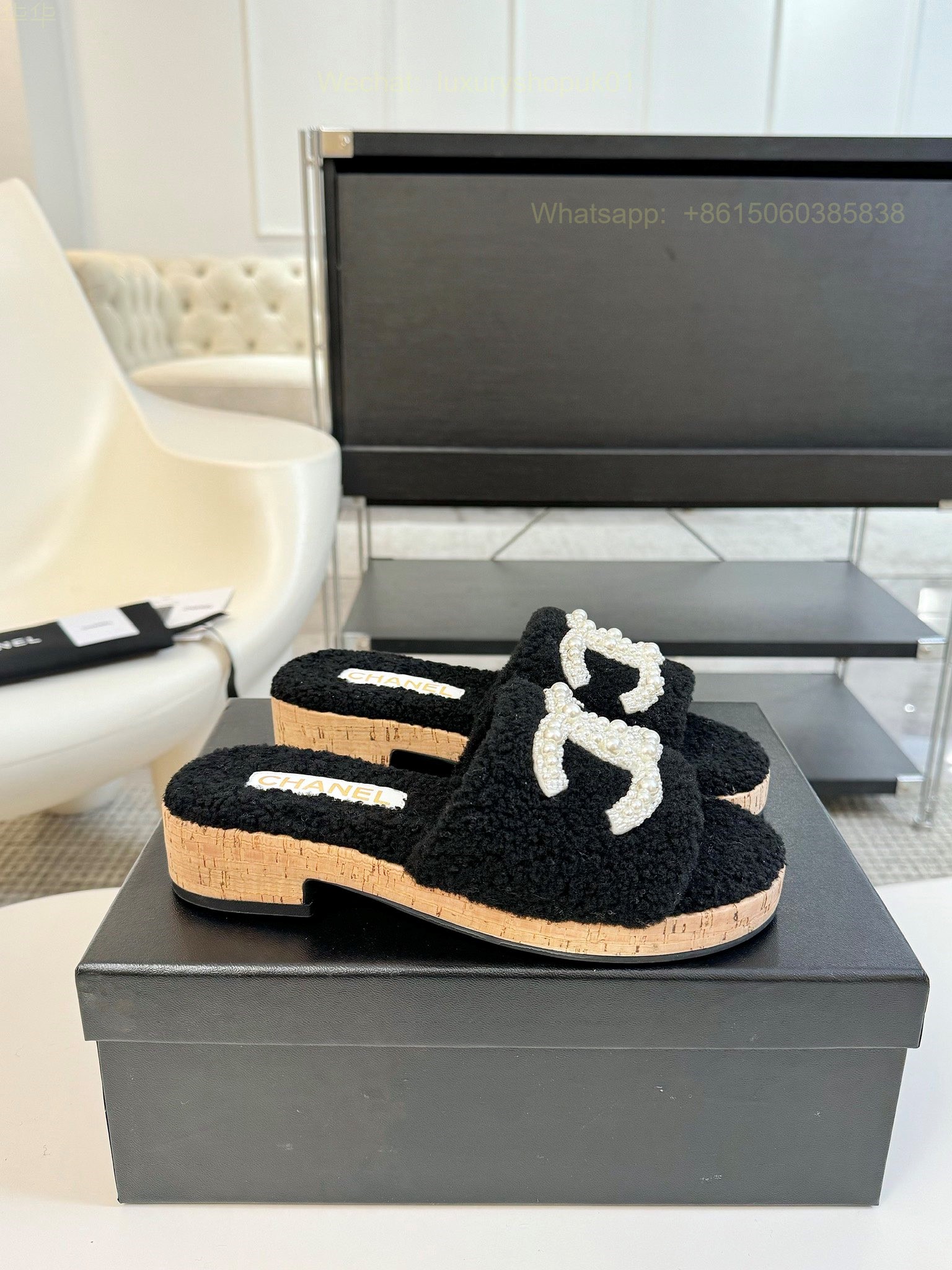 Chanel Women Faux Fur Shearling Slide Sandals Shoes