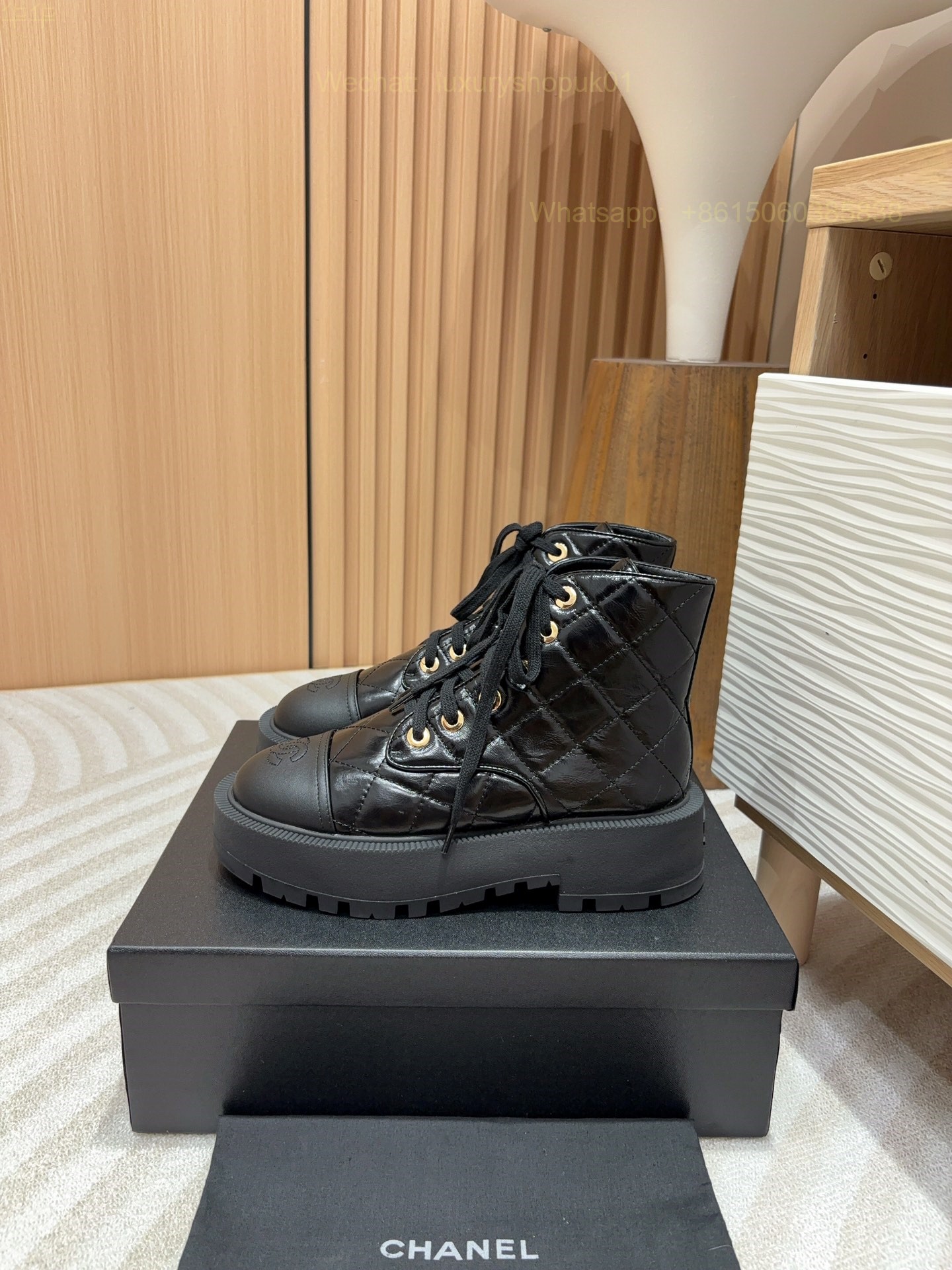 Chanel Quilted Leather CC Cap Toe Platform Combat Boots Women Shoes